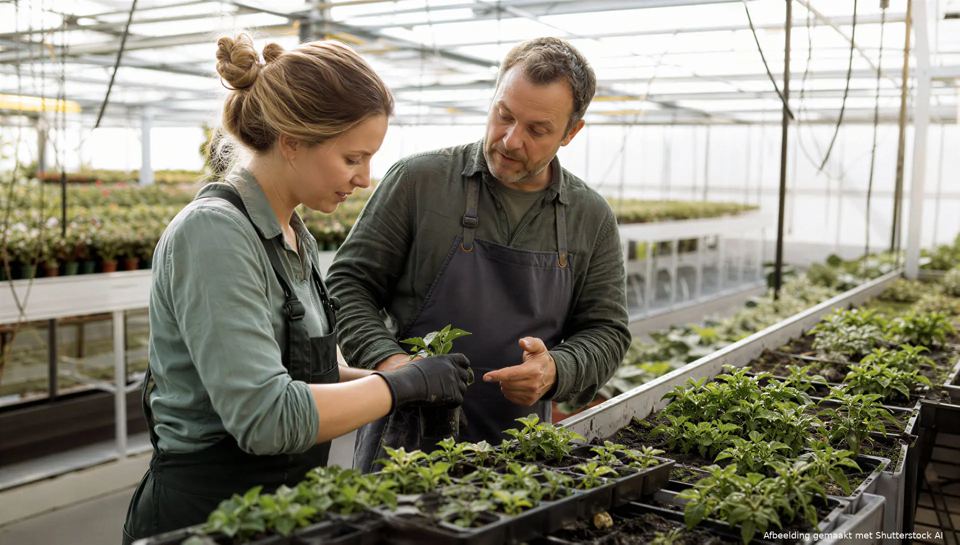 Nieuwe medewerker leert planten sorteren tijdens het inwerken bij een kwekerij.