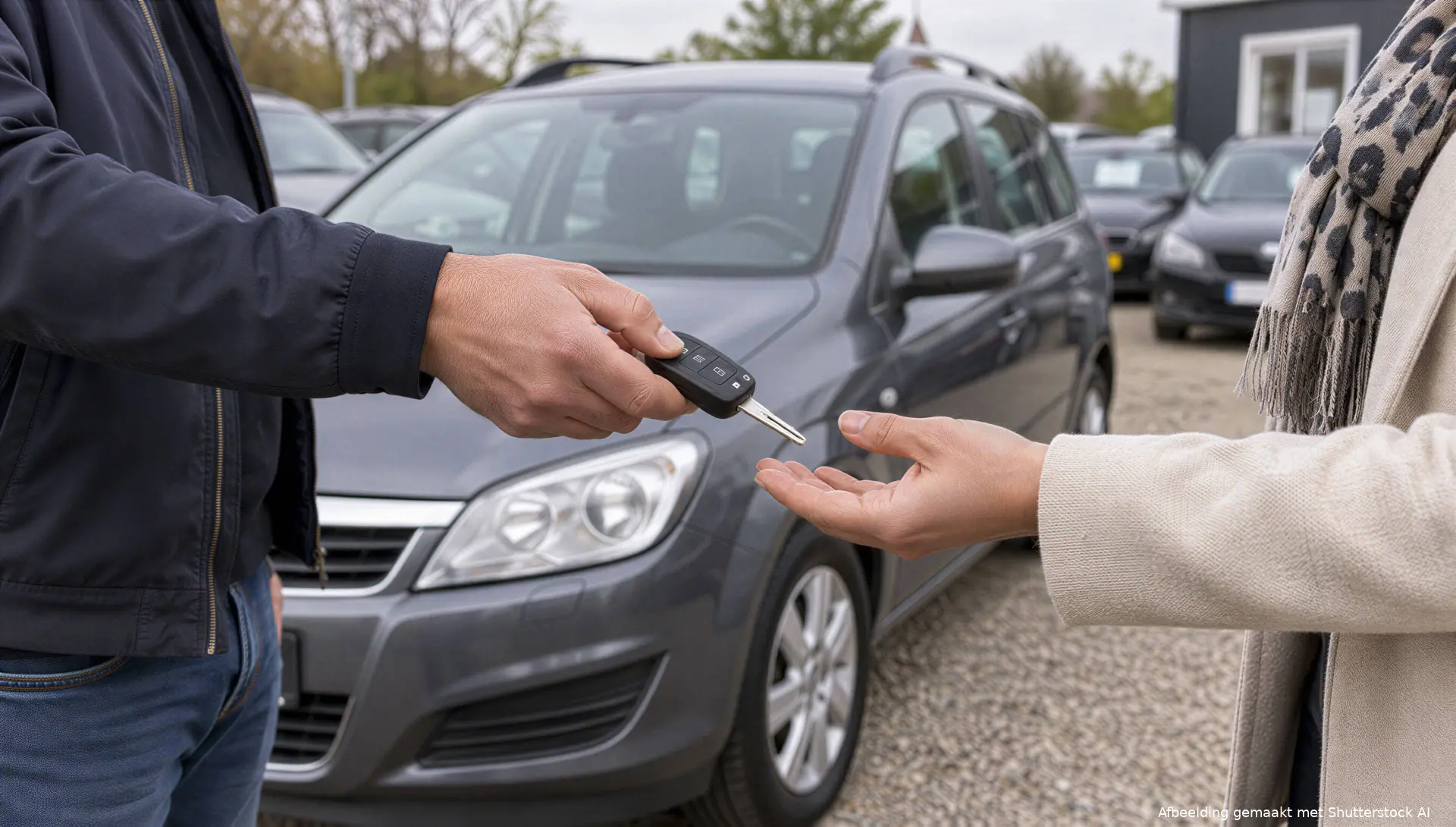 Autosleutel wordt overhandigd bij een tweedehands gezinsauto op een occasionterrein.