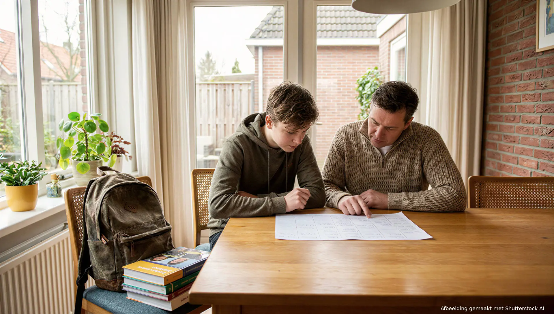 Ouder en student bekijken samen de administratie voor het studiejaar.