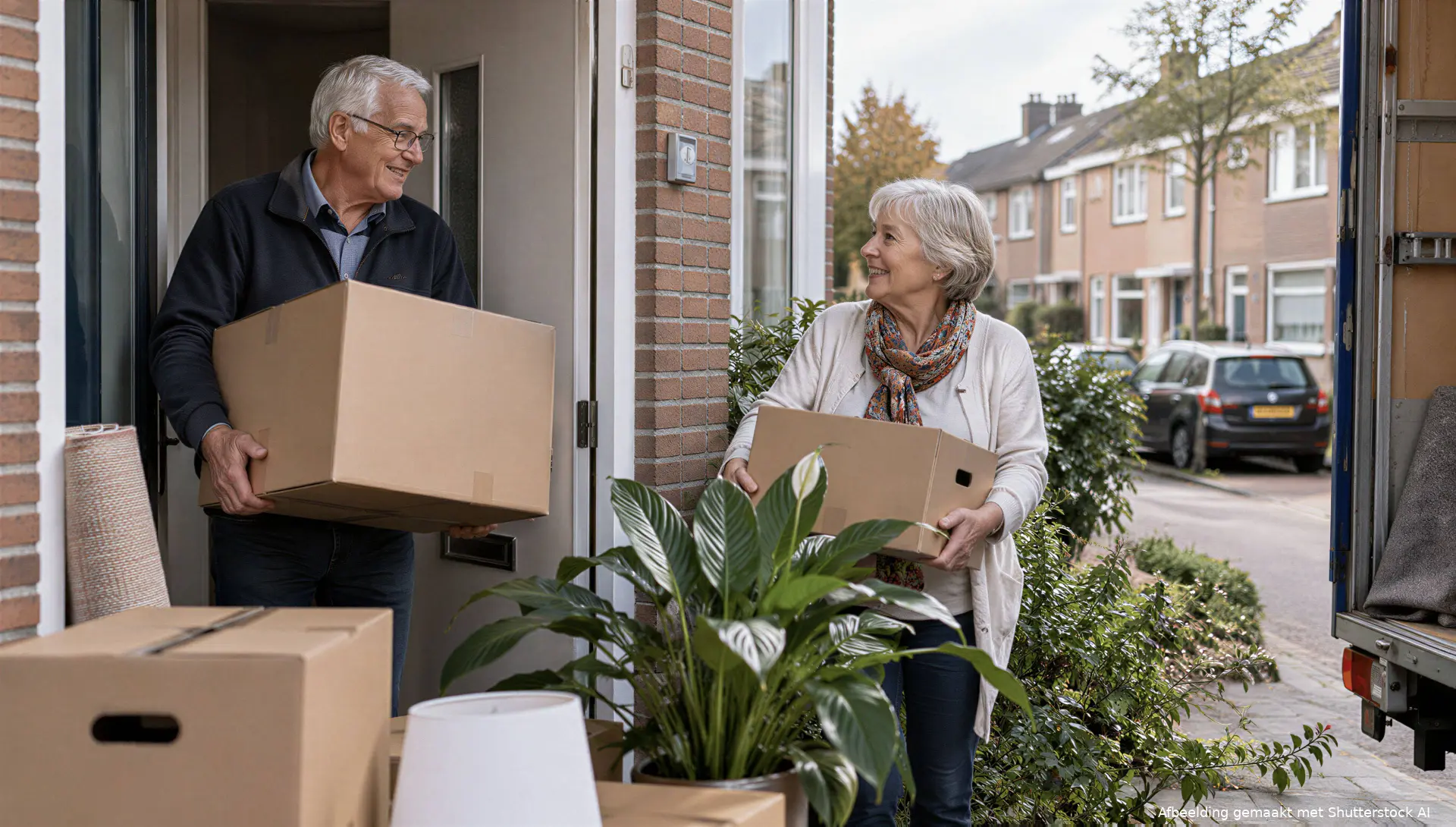 Oudere broer en zus met verhuisdozen bij een woning.