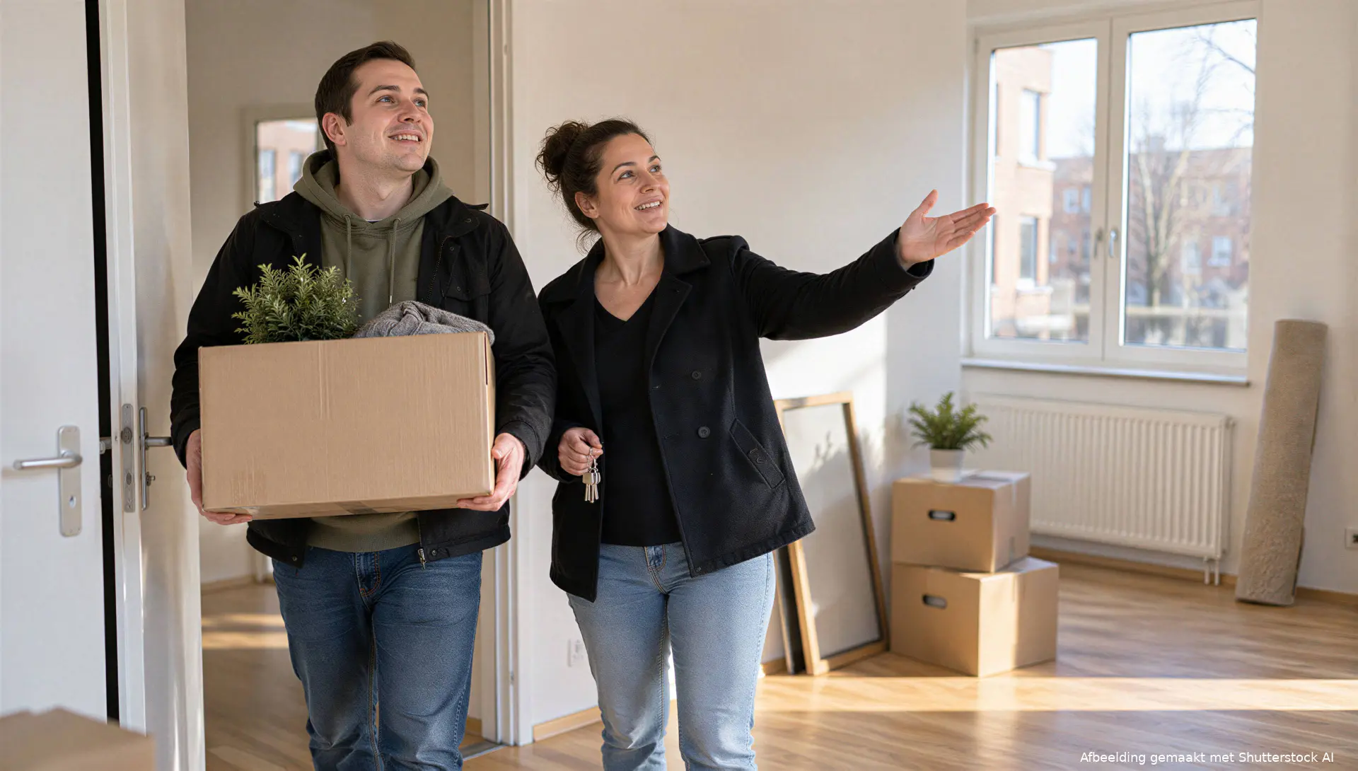 Bewoner en begeleider bekijken een woning voor de verhuizing.