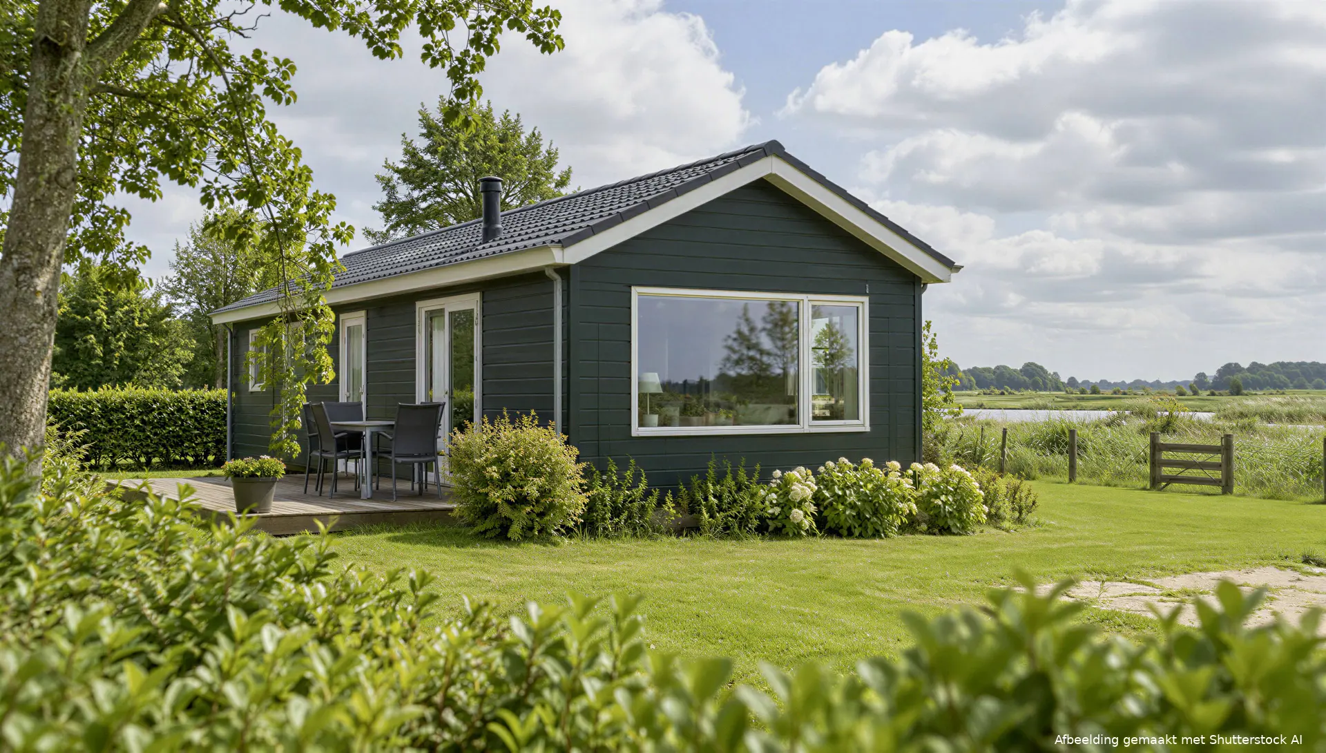 Vrijstaande recreatiewoning in een groen Noord-Nederlands landschap.