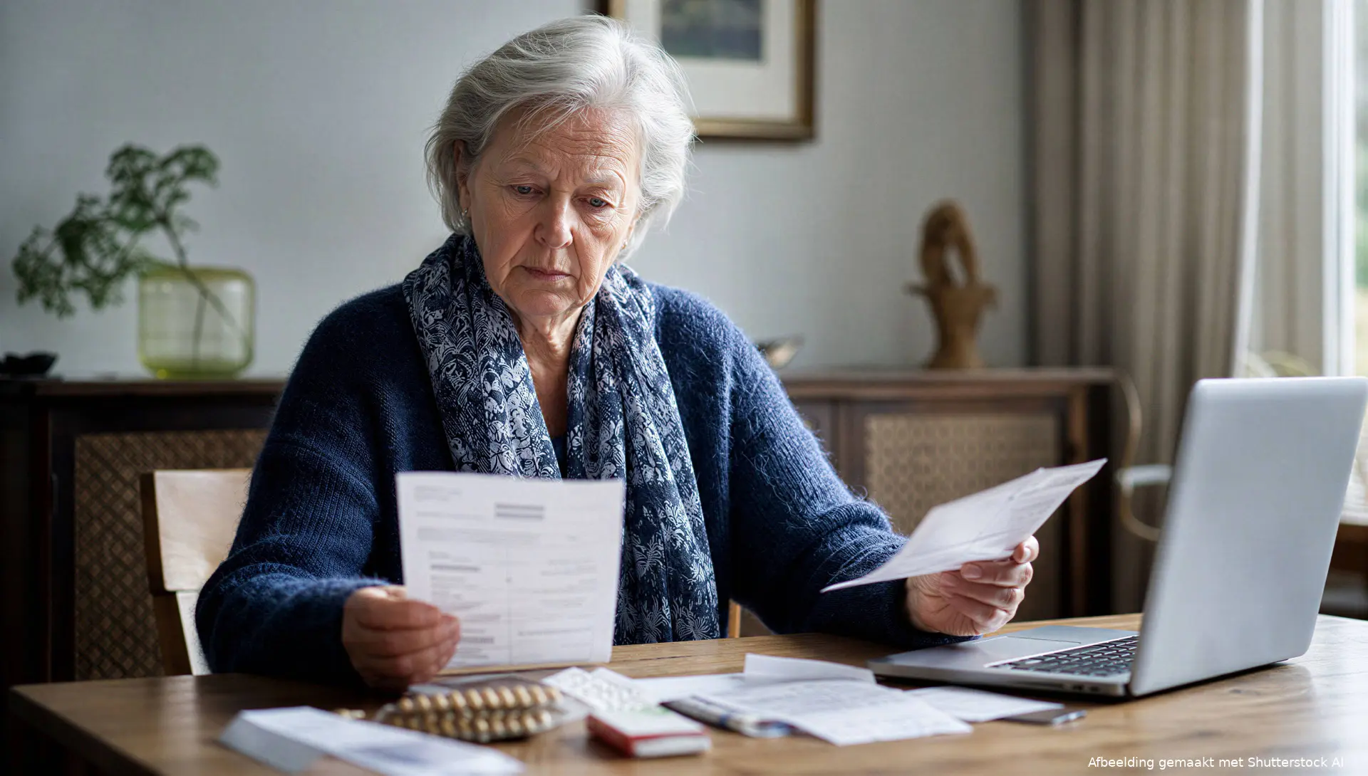Vrouw bekijkt zorgkosten en belastingpapieren aan tafel