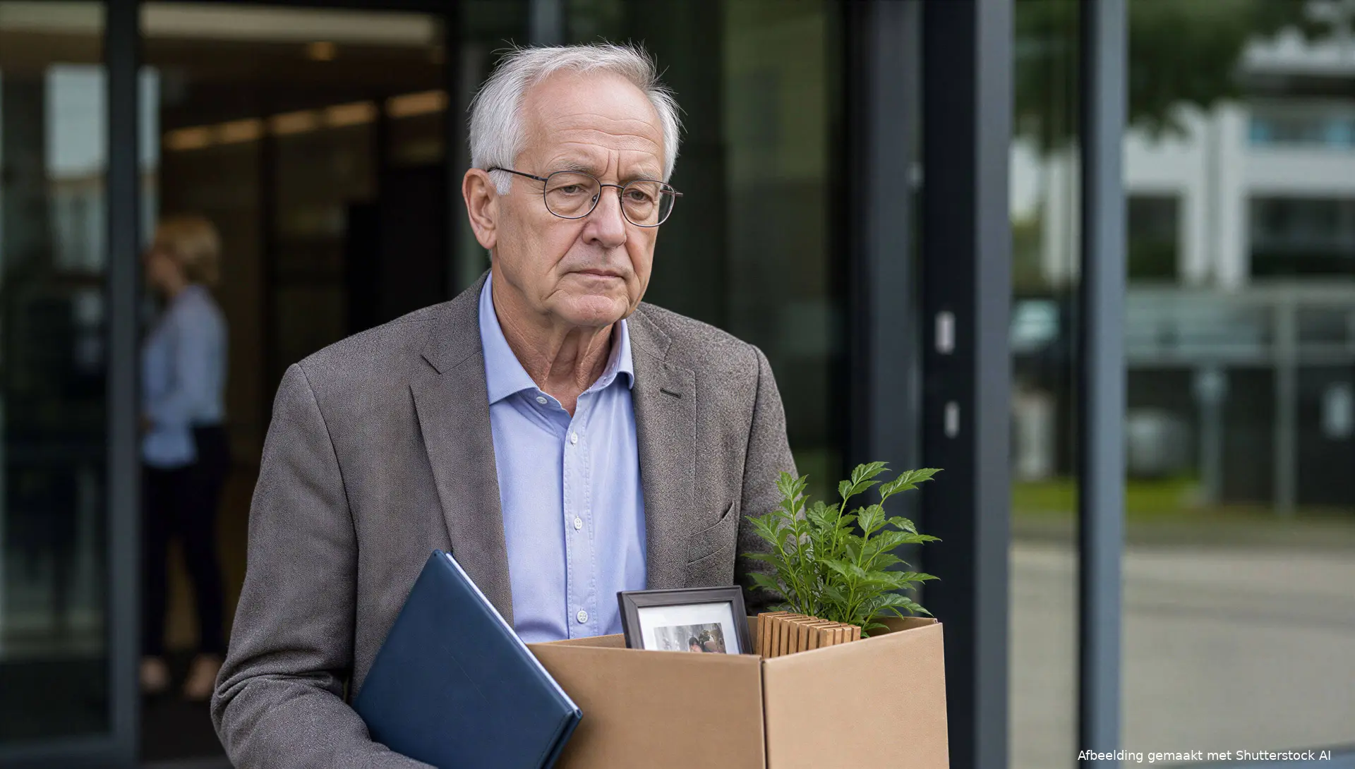 Werknemer verlaat kantoor met persoonlijke spullen en pensioenmap