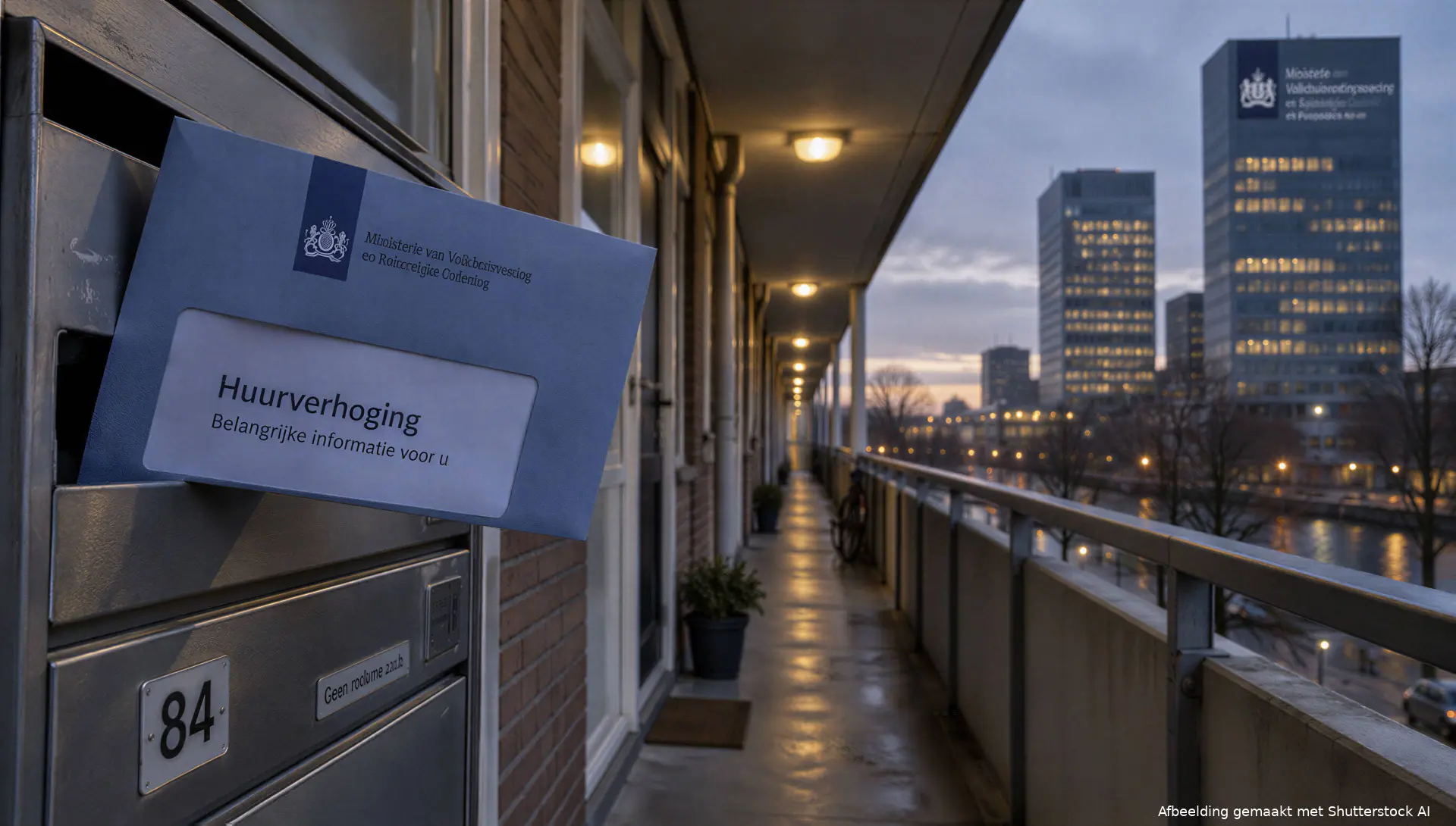 Galerij van een Nederlands huurappartementencomplex bij het nieuws over de verplichte huurverhoging voor scheefwoners.