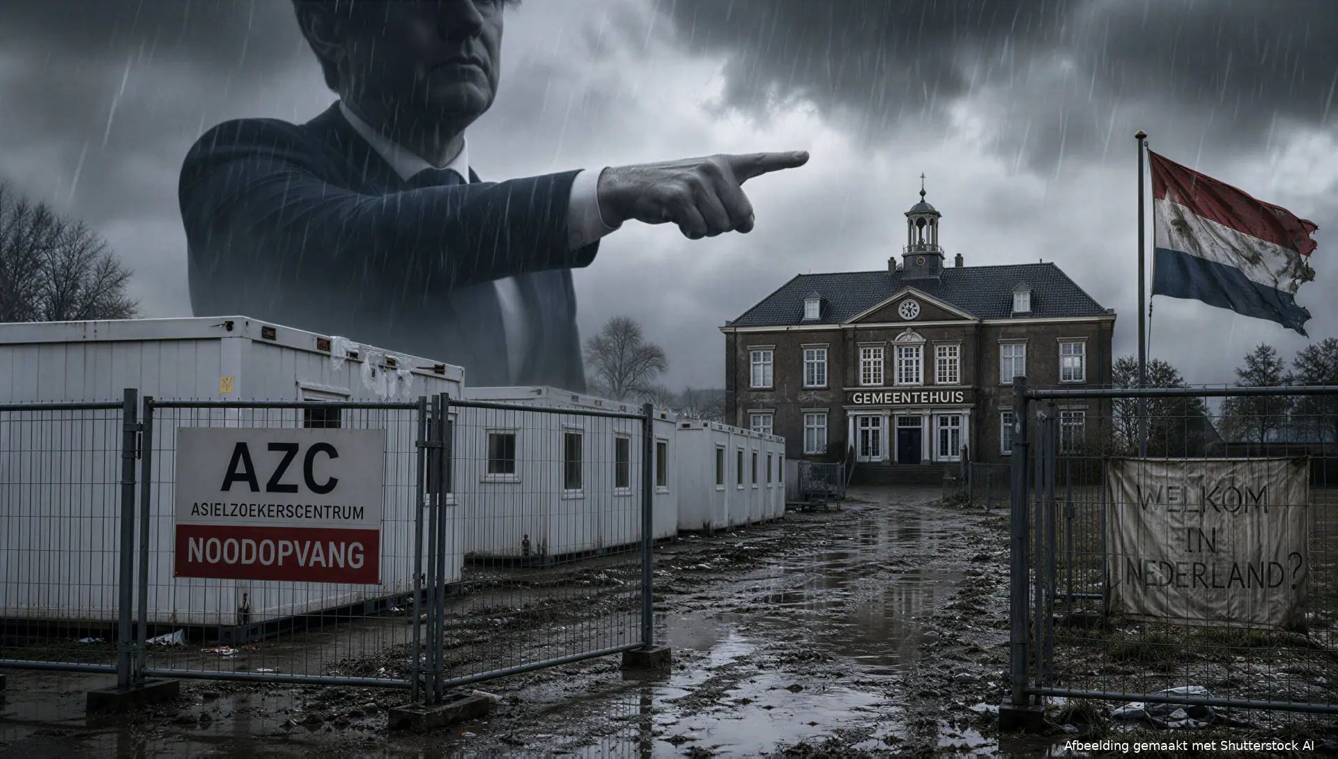 Tijdelijke woonunits en hekken bij een Nederlandse asielnoodopvanglocatie.