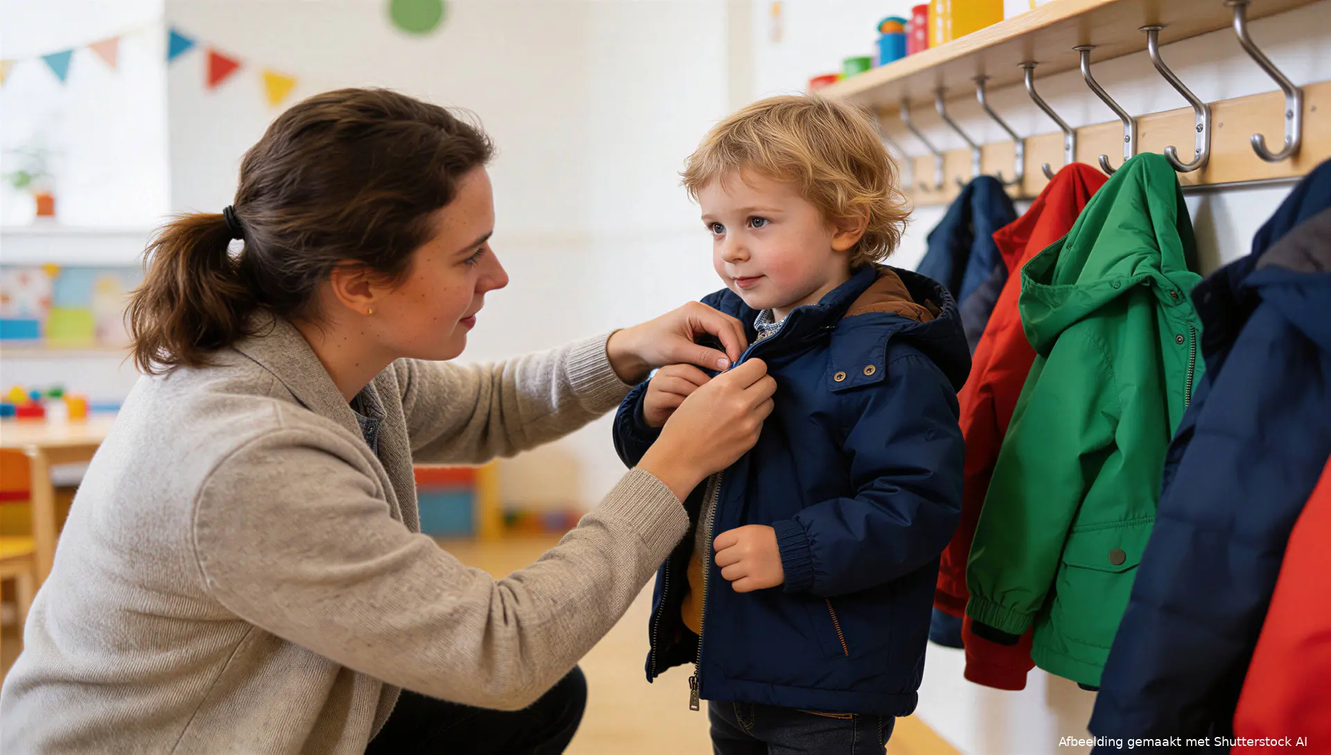 Ouder helpt een kind met zijn jas bij de kinderopvang.