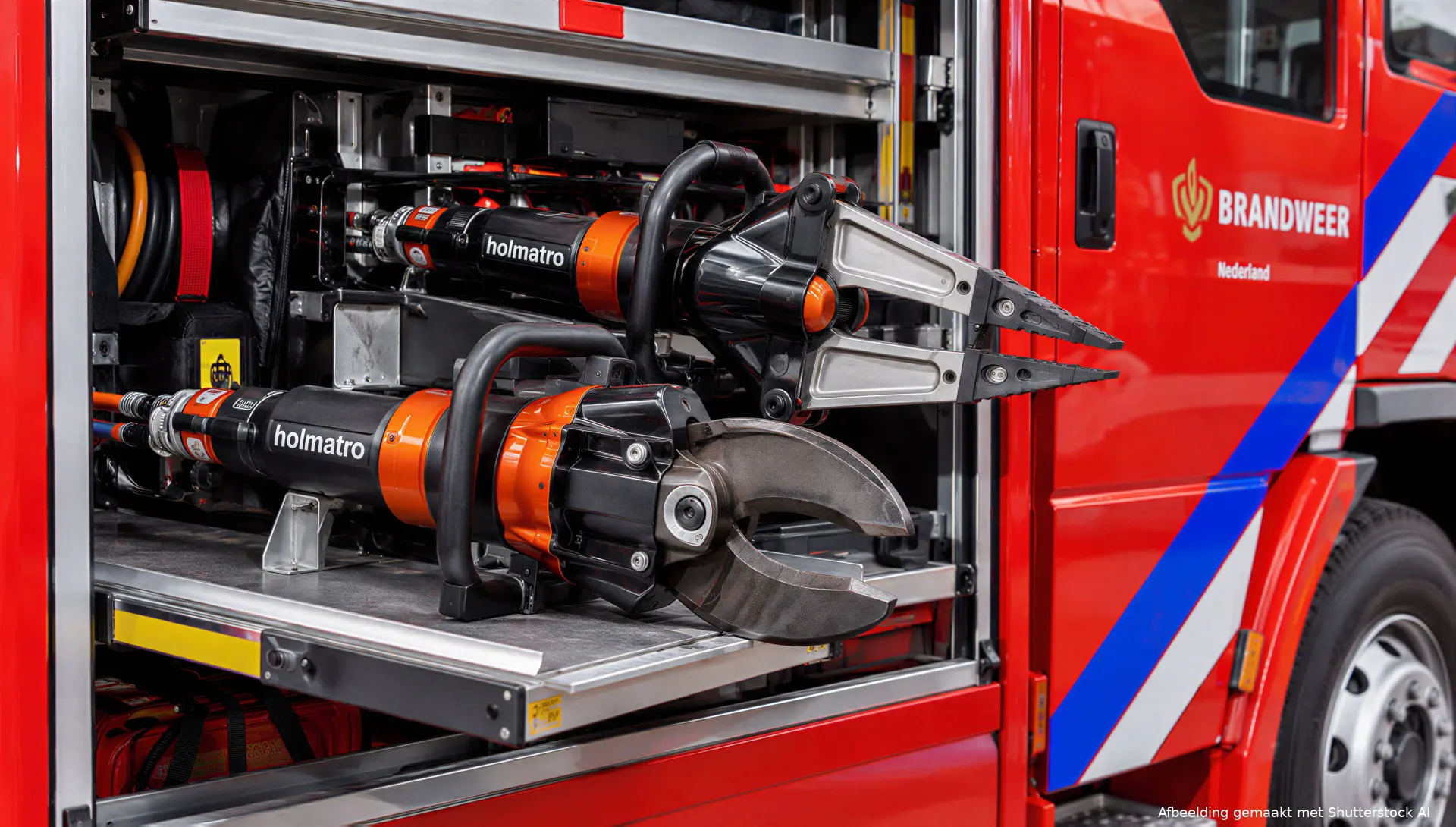 Hydraulisch reddingsgereedschap in een Nederlandse brandweerwagen.