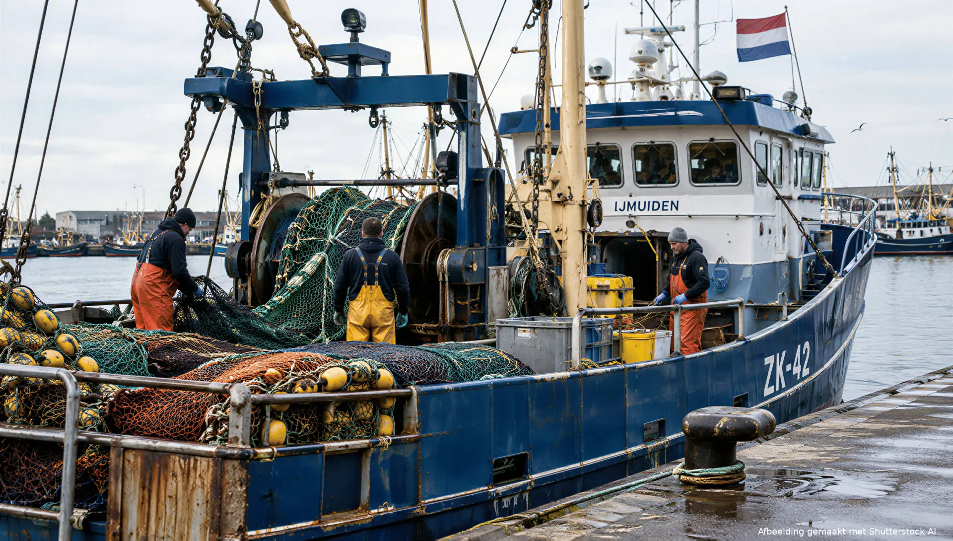 Nederlandse viskotter met vistuig aan dek in een vissershaven.
