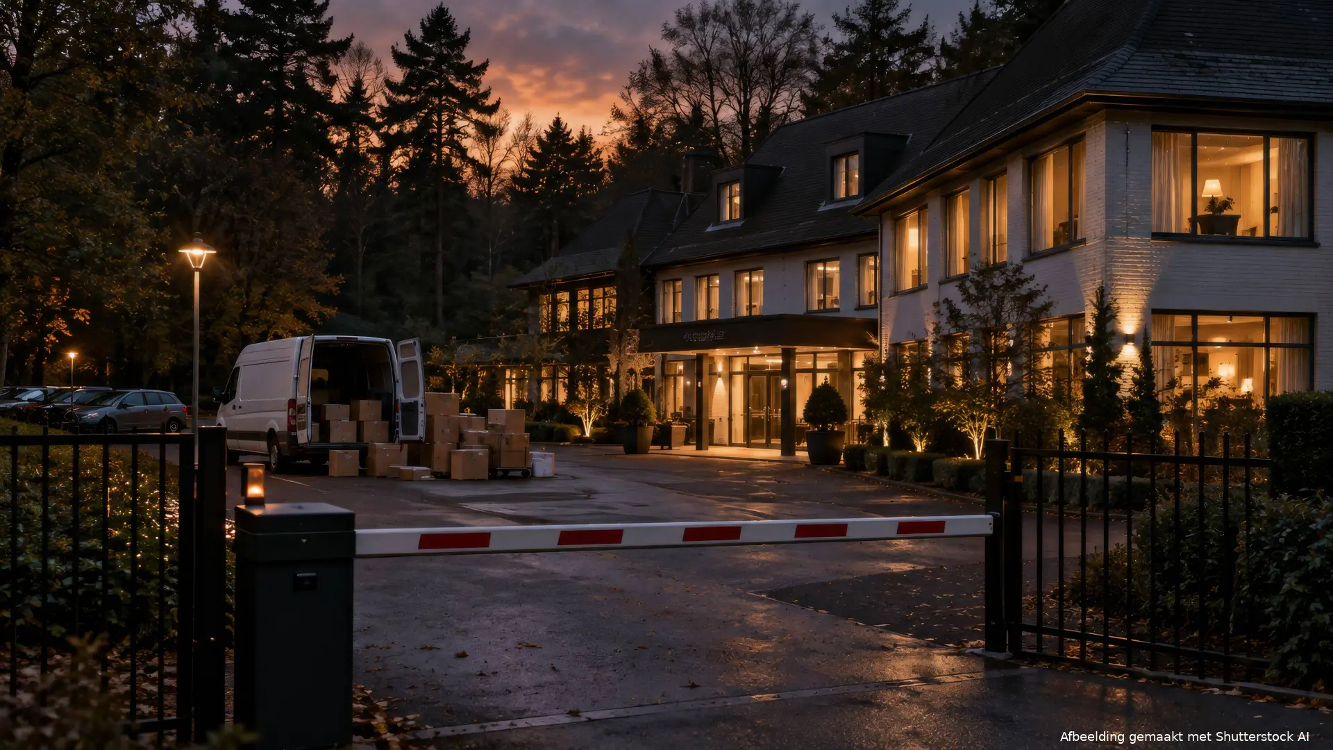Hotel aan de rand van een bos met verlichte ramen en verhuisdozen op de parkeerplaats, over asielopvang in Oisterwijk