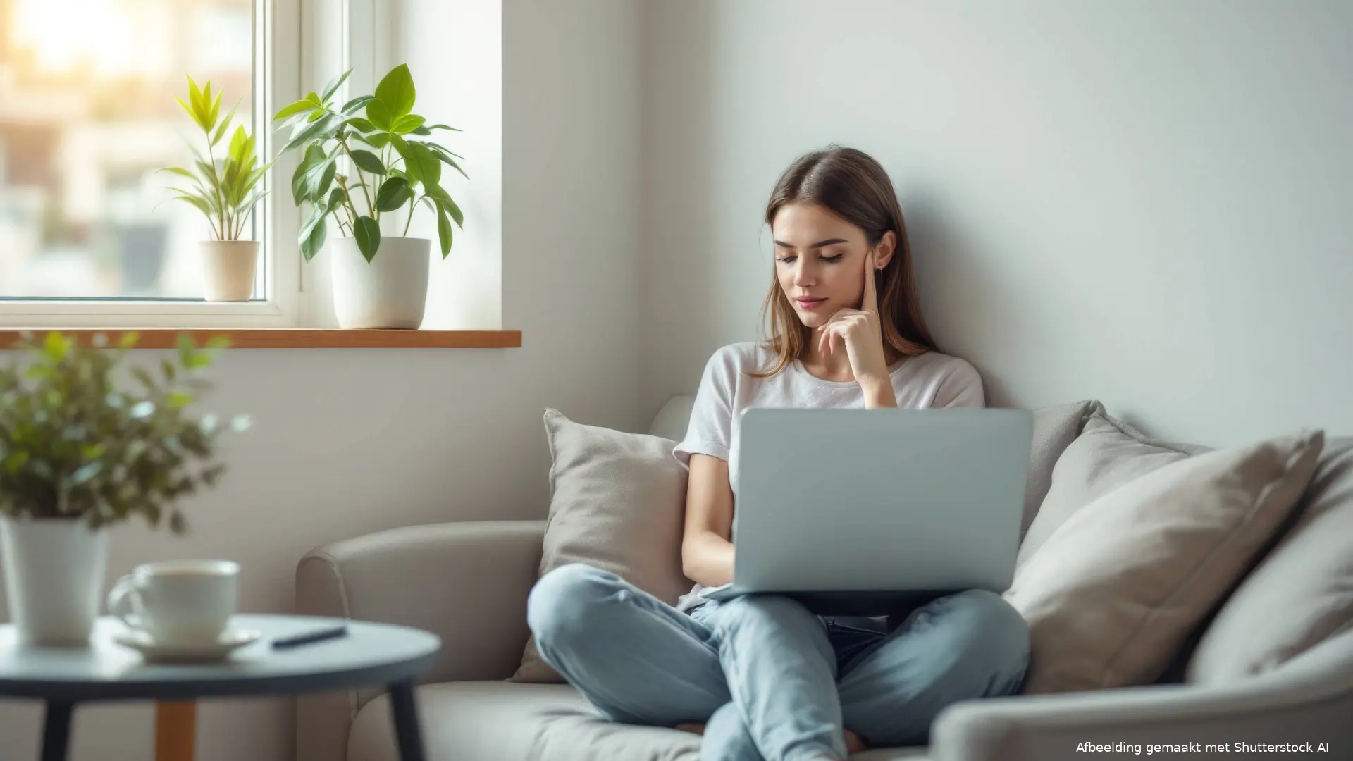 Vrouw van rond de dertig kijkt op de bank naar haar laptop
