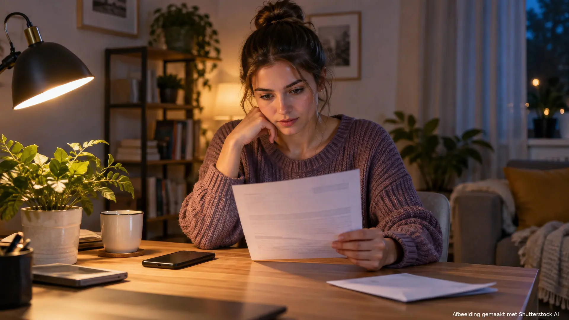 Jonge vrouw bekijkt thuis aan een bureau een loonstrook