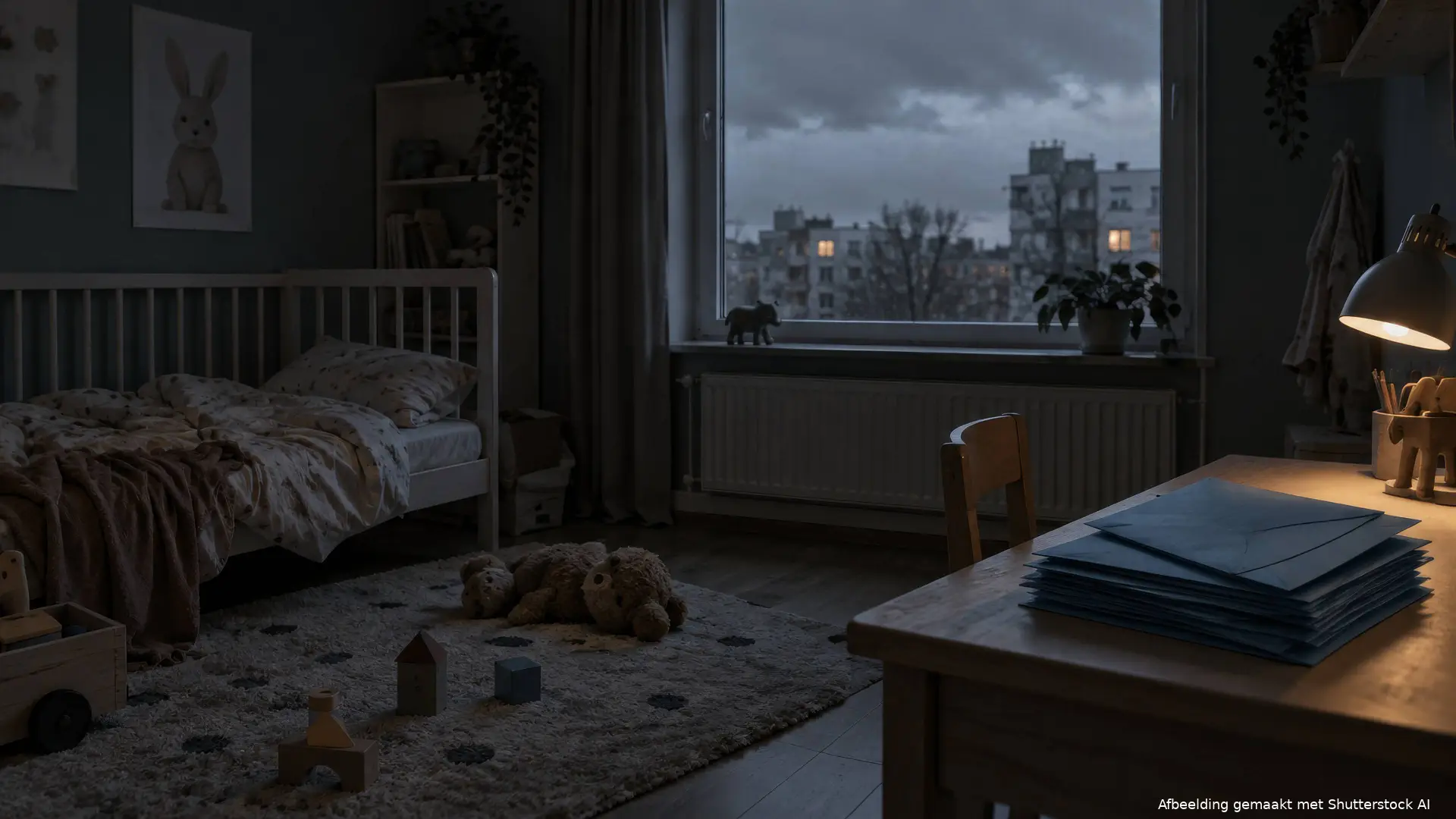 Lege kinderkamer met een knuffel op de vloer en een stapel blauwe overheidsenveloppen op het bureau, over de late excuses aan kinderen uit de toeslagenaffaire