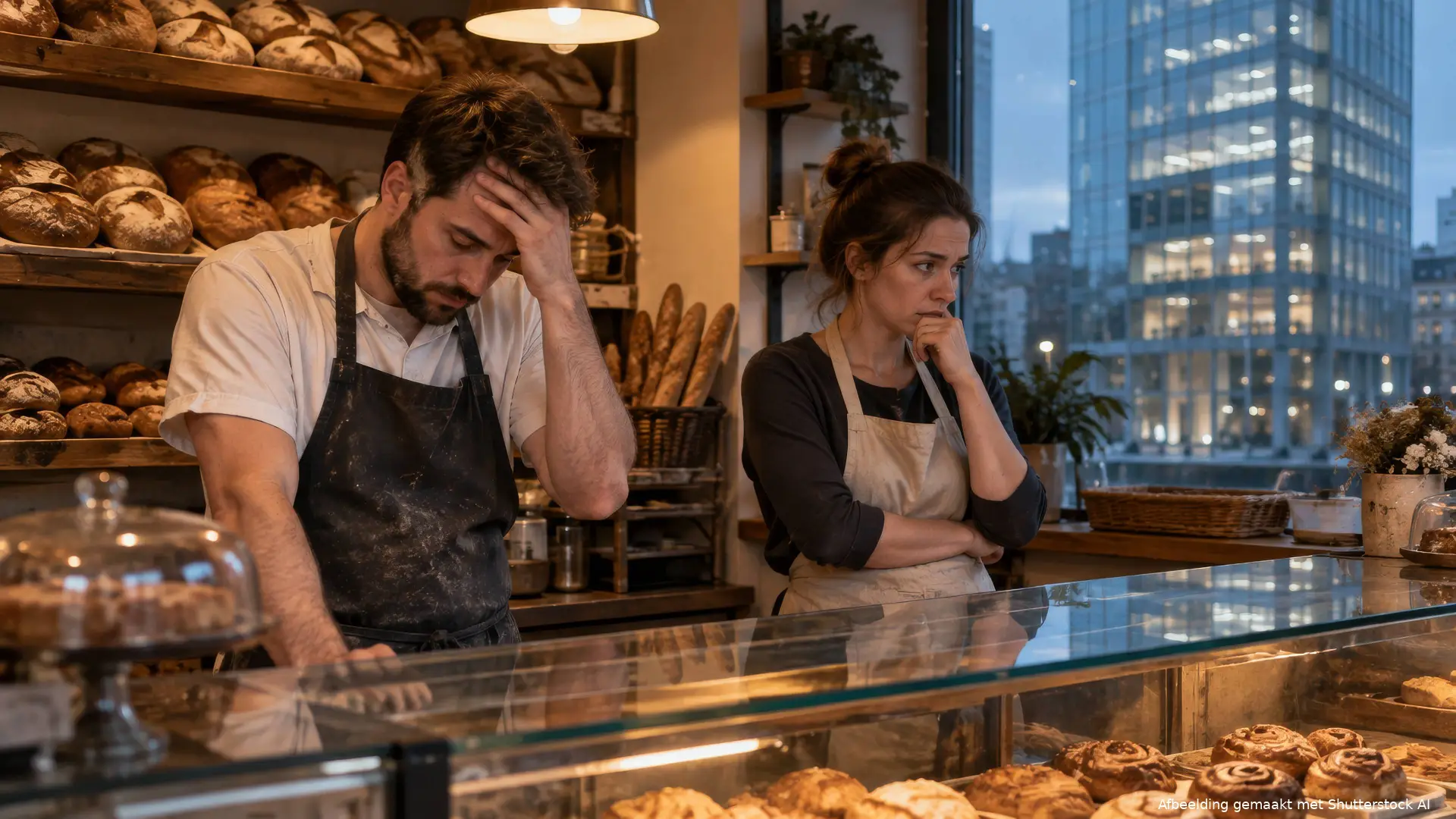 Bezorgde bakker en zijn vrouw achter de toonbank, over het belastingvoordeel voor techpersoneel dat ondernemers hun meewerkaftrek kost