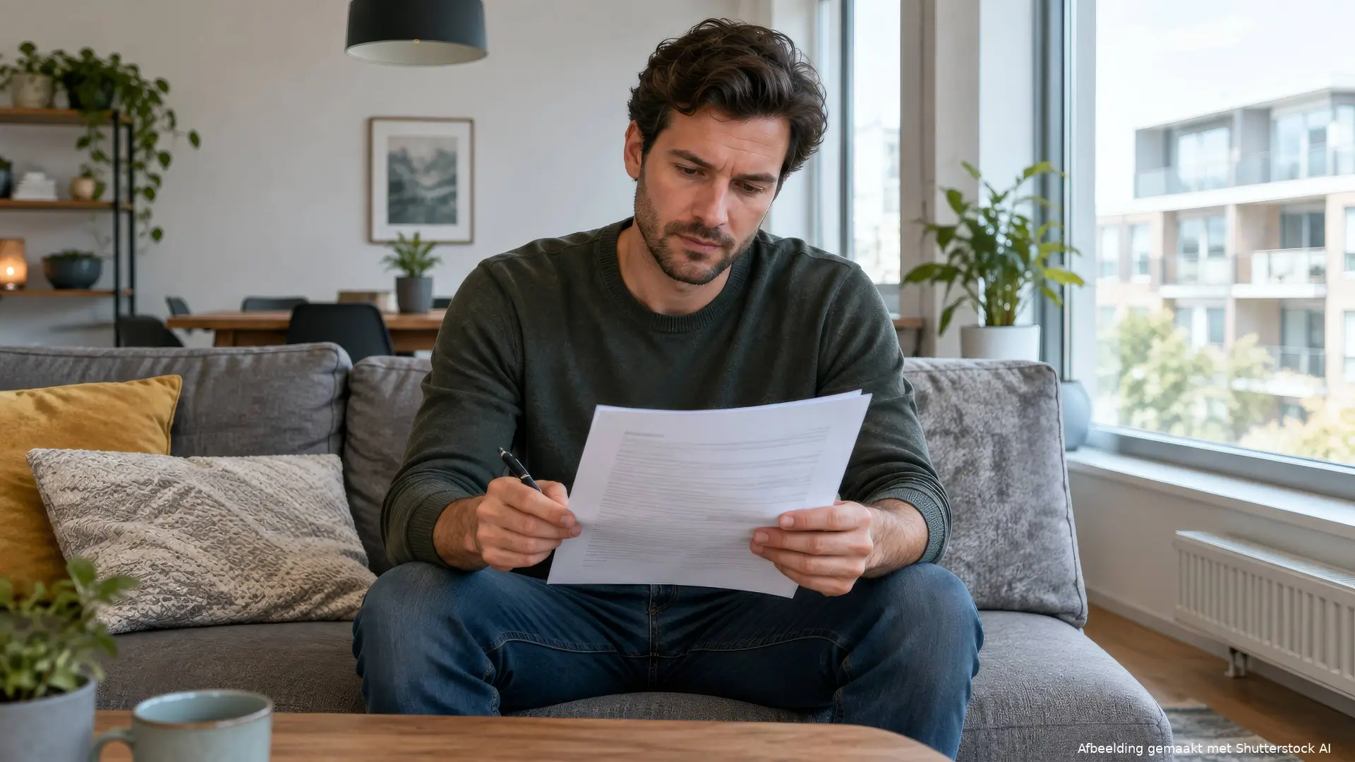 Man op de bank in een huurwoning leest een huurcontract