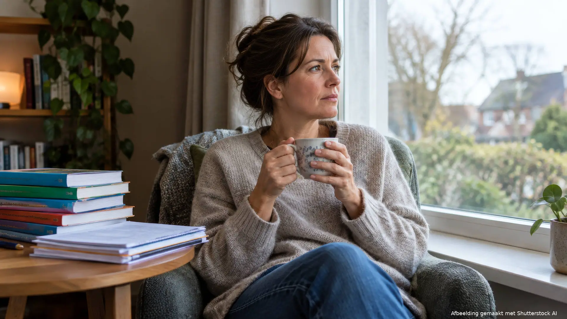 Vrouw met een kop thee kijkt peinzend uit het raam, naast een stapel schoolboeken