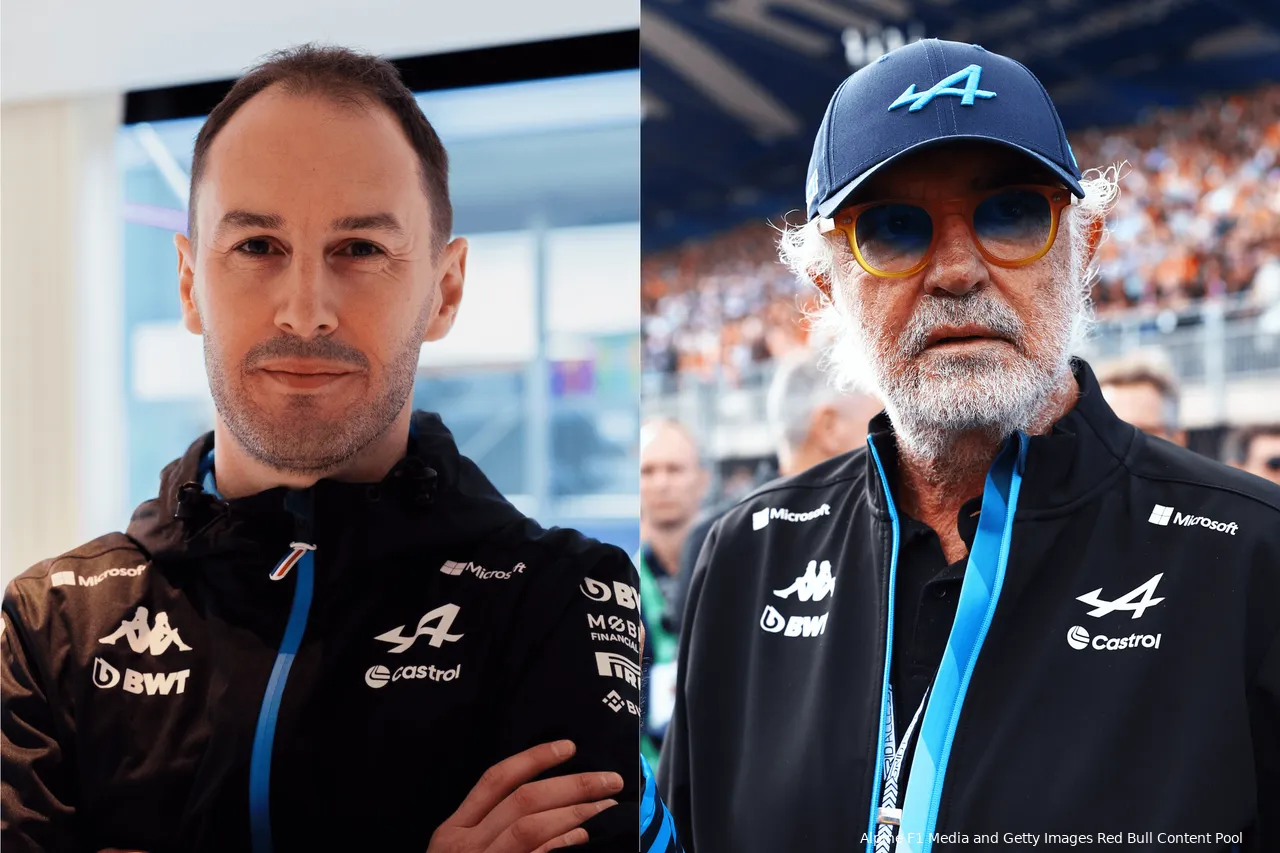 Alpine F1 team principal Oliver Oakes on the left and executive advisor Flavio Briatore on the right.