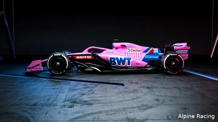 Dit is de roze livery waarmee het team uitkomt in de eerste twee races van 2022. (Foto: Alpine Racing)