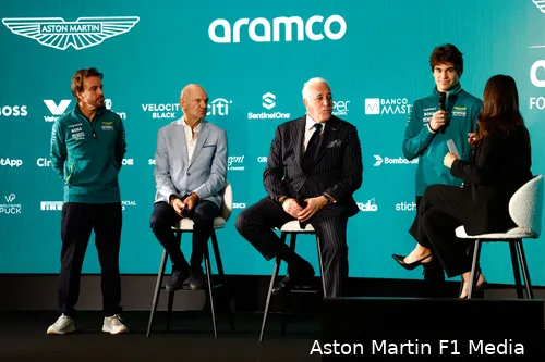 persconferentie aston martin lawrence stroll lance stroll adrian newey fernando alonso