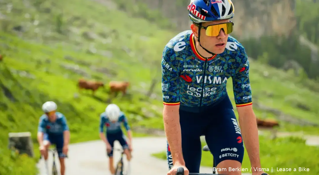 Wout van Aert donning the Tour jersey of Visma | Lease a Bike<br>