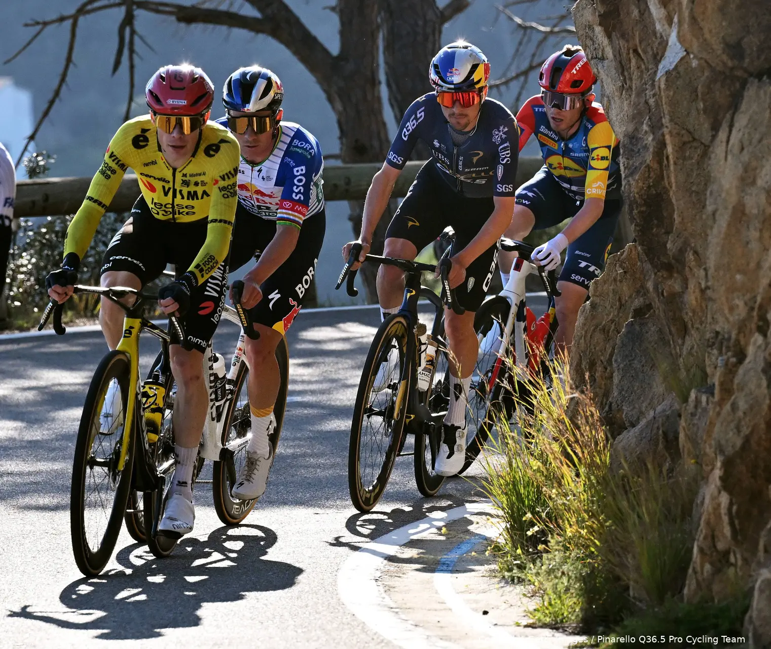Jonas Vingegaard, Remco Evenepoel, Tom Pidcock and Mattias Skjelmose climb together at the Volta a Catalunya 2026