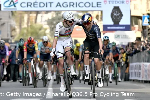 Tadej Pogacar and Tom Pidcock embrace after crossing the line at Milano-Sanremo 2026