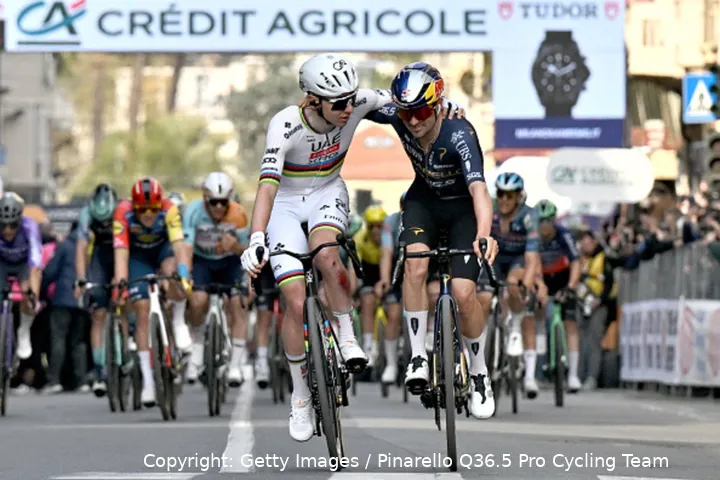 Tadej Pogacar and Tom Pidcock embrace after crossing the line at Milano-Sanremo 2026