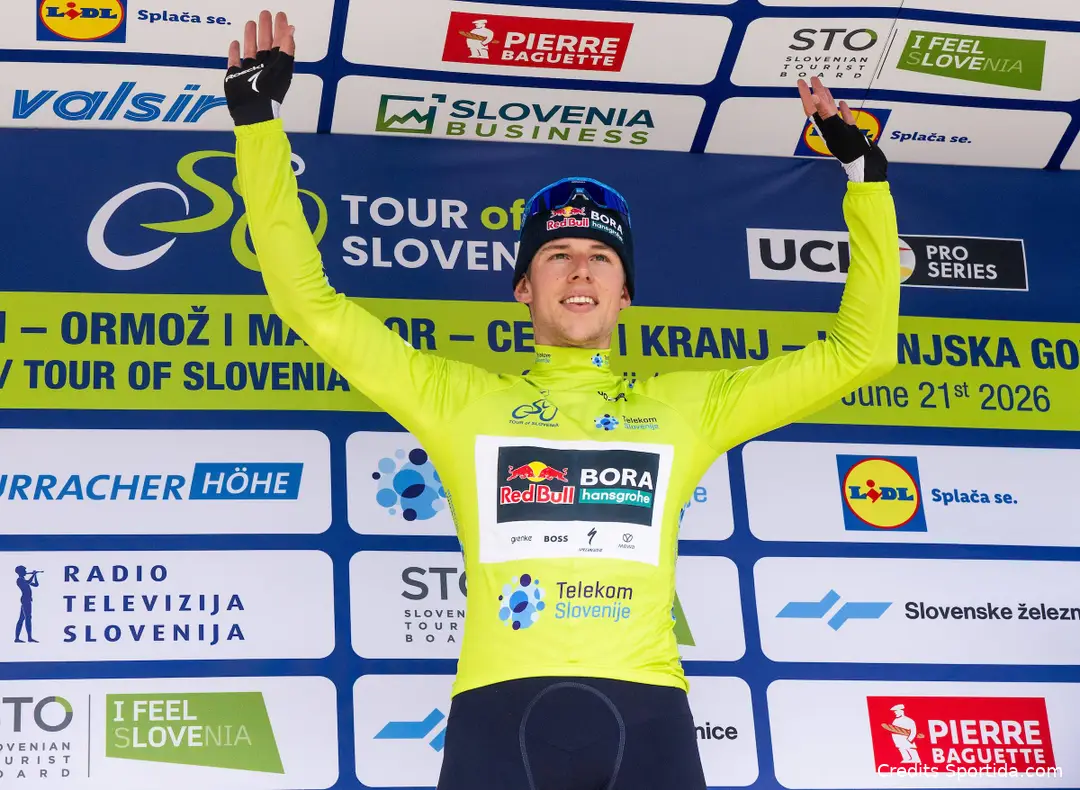 Laurence Pithie in the leader's jersey at the 2026 Tour of Slovenia