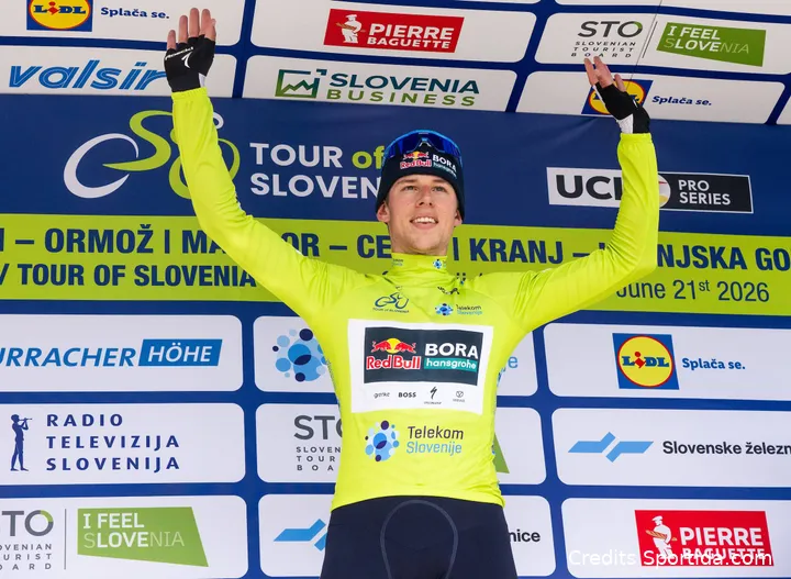 Laurence Pithie im Führungstrikot bei der Tour of Slovenia 2026