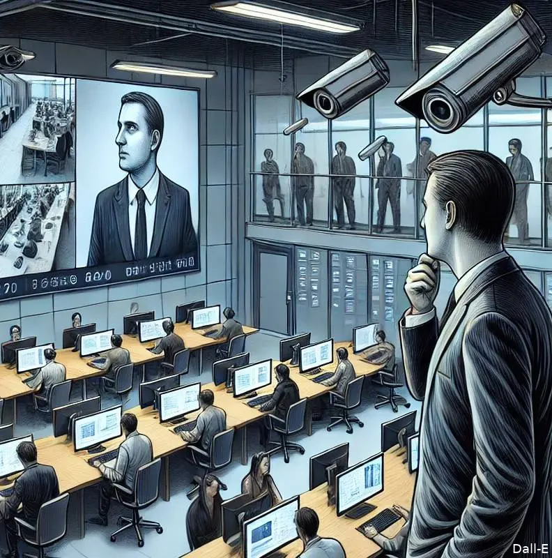 dalle 2025 01 15 095107 an illustration of a workplace scene where a manager observes employees through advanced surveillance systems the setting includes visible security c