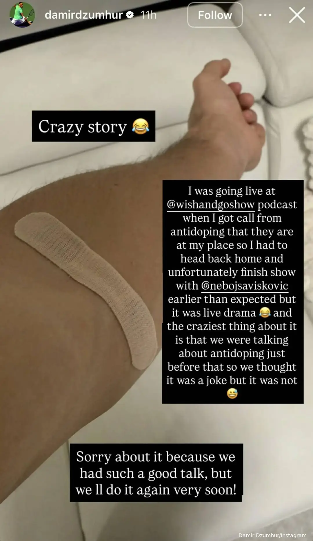 Damir Dzumhur shares picture of arm with caption.