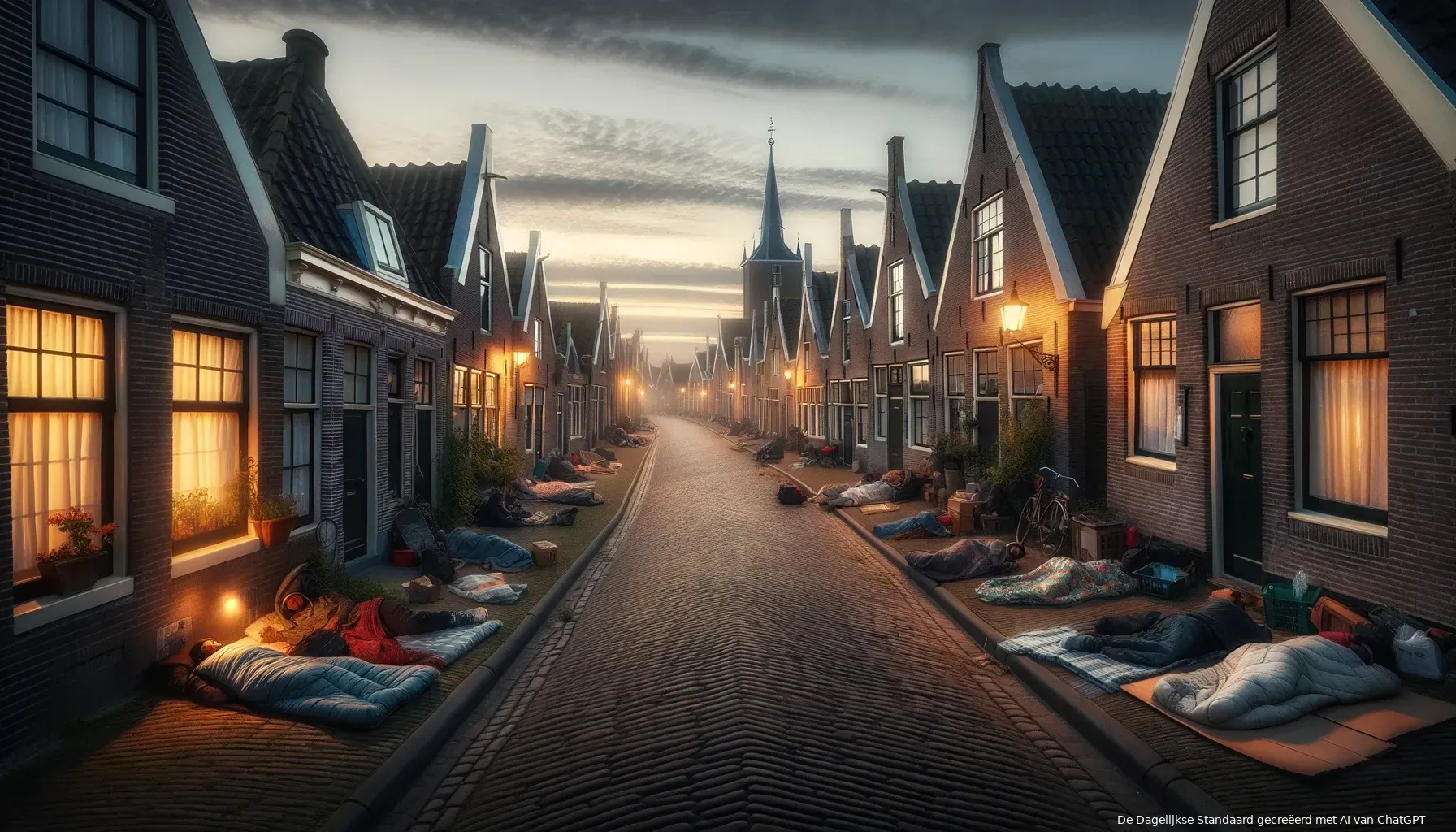 dalle 2024 02 20 122106 a serene yet poignant scene in a small dutch village at dusk capturing the reality of immigrants without shelter compelled to sleep on the village s