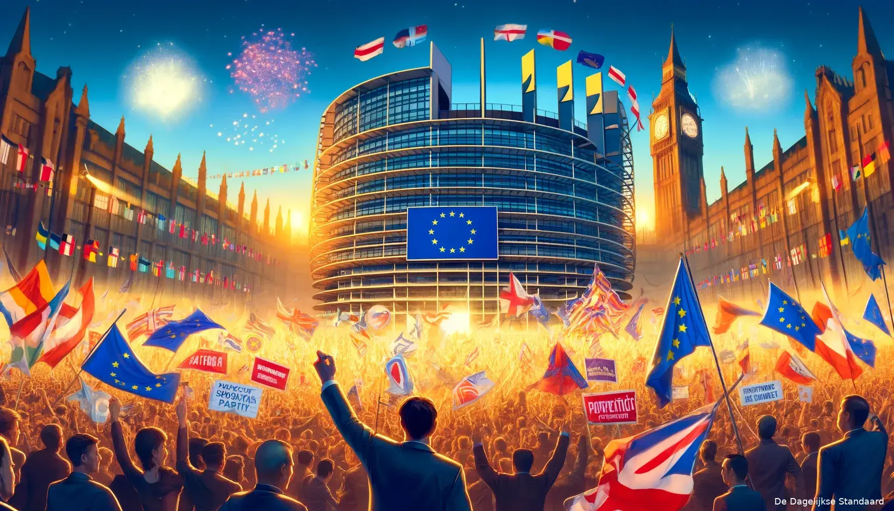 dalle 2024 06 10 111530 a dynamic and energetic scene depicting the aftermath of the european parliament elections showing a large crowd celebrating with flags of various eu