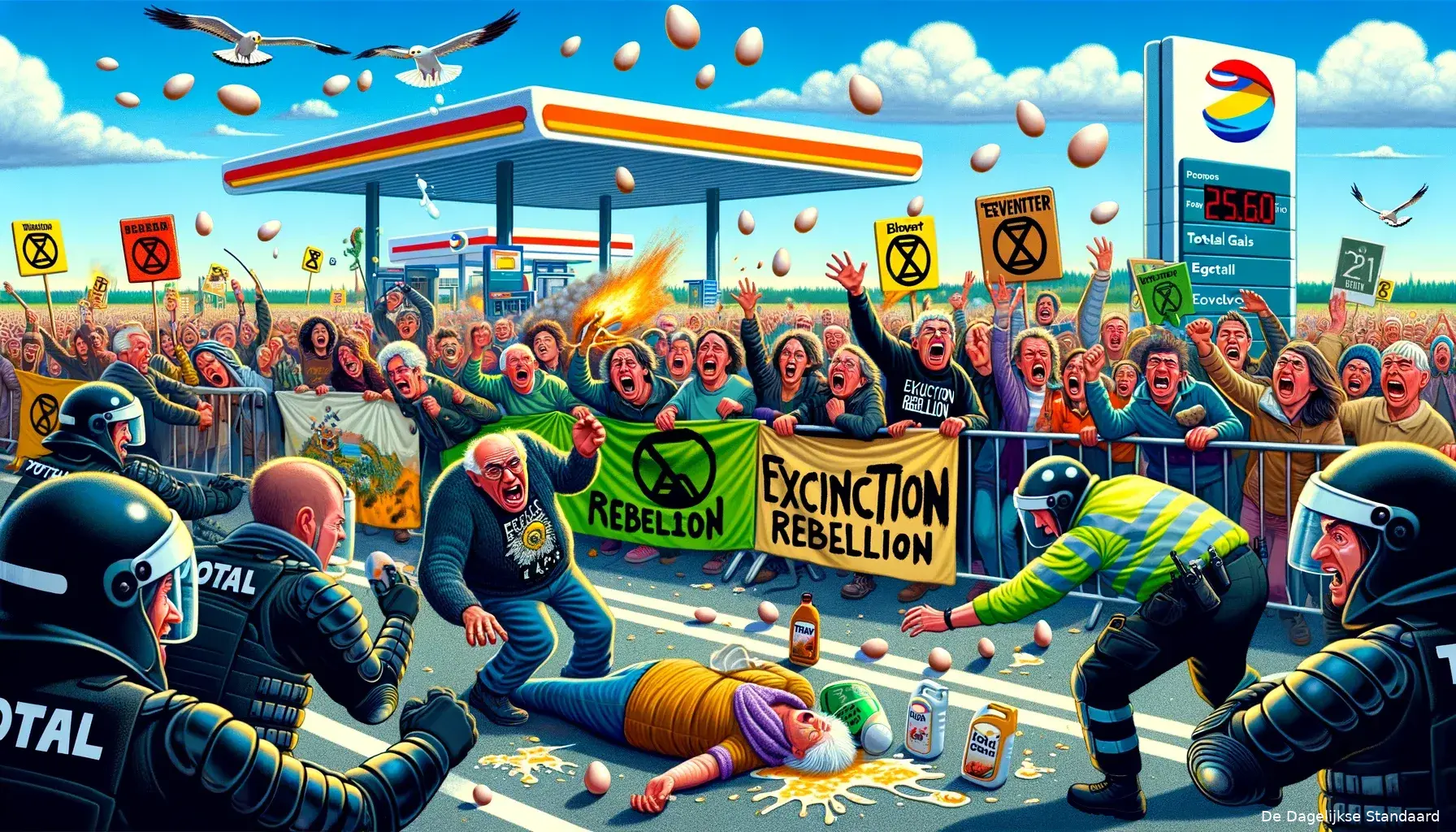 dalle 2024 06 11 142059 a lively scene of extinction rebellion protesters blocking a road near deventer and twello with colorful banners and oil barrels in the foreground