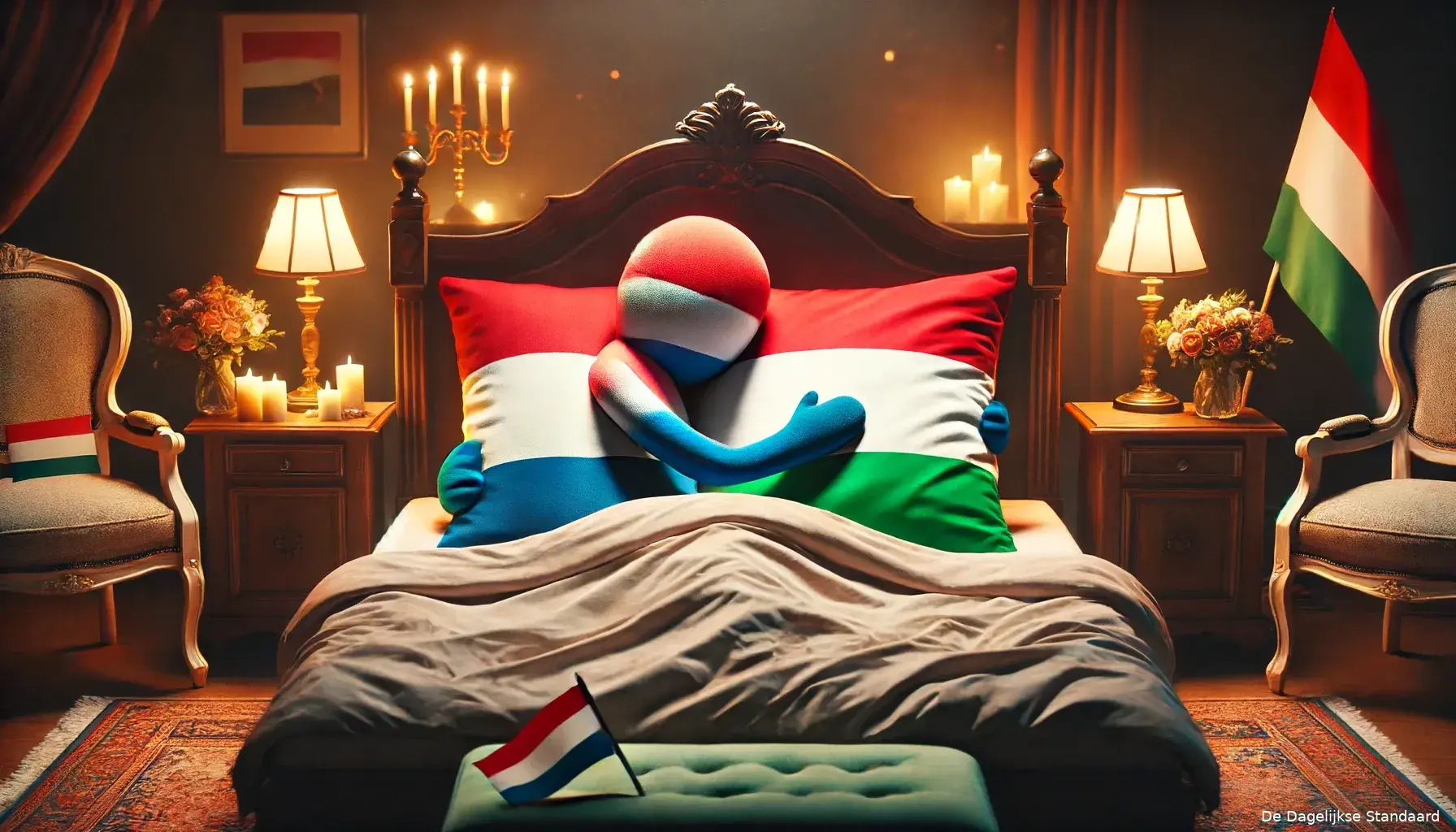 dalle 2024 06 18 112215 a romantic scene showing the dutch flag and the hungarian flag hugging each other in bed the setting is cozy and intimate with soft lighting and a w