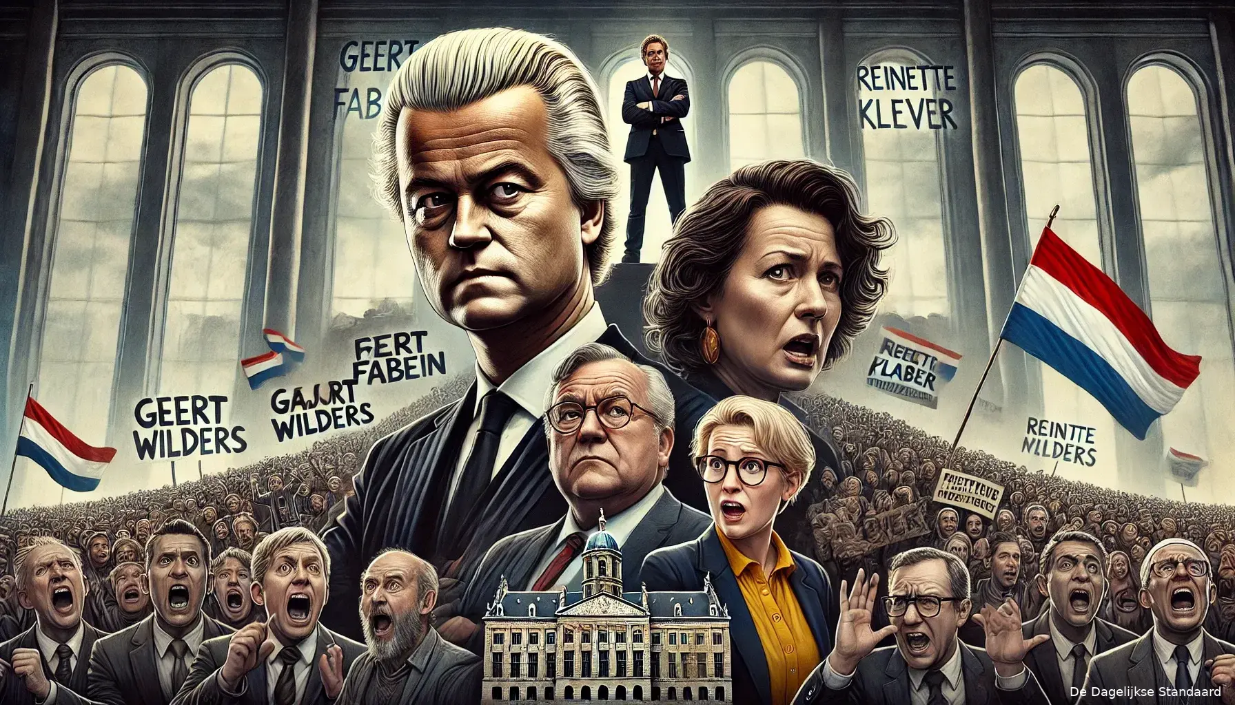 dalle 2024 06 25 093232 a dramatic political scene in the netherlands in the center are three politicians representing geert wilders marjolein faber and reinette klever l