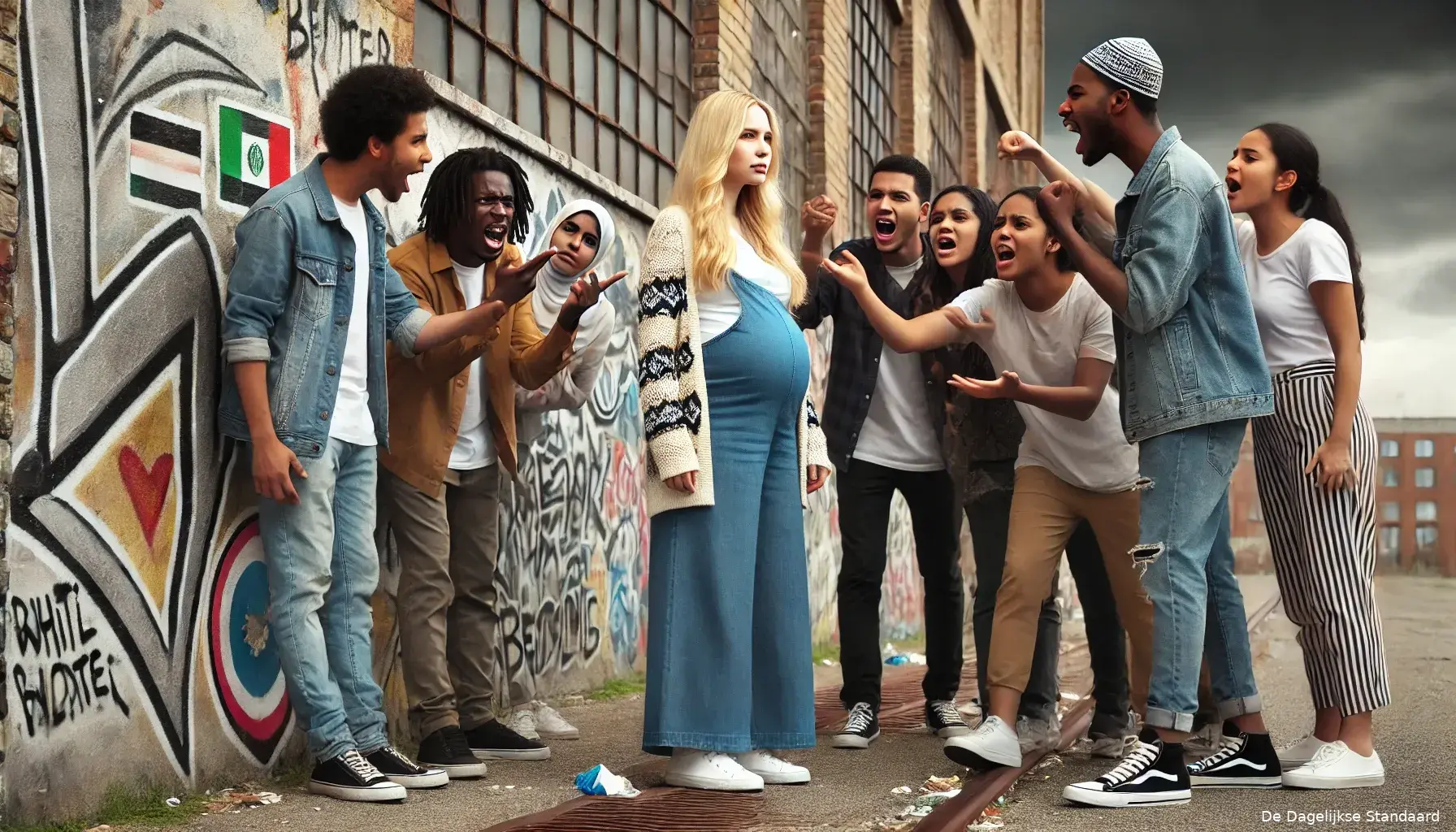 dalle 2024 06 25 163507 a scene depicting anti white racism a group of diverse teenagers including black middle eastern and other ethnicities are shouting angrily at a b