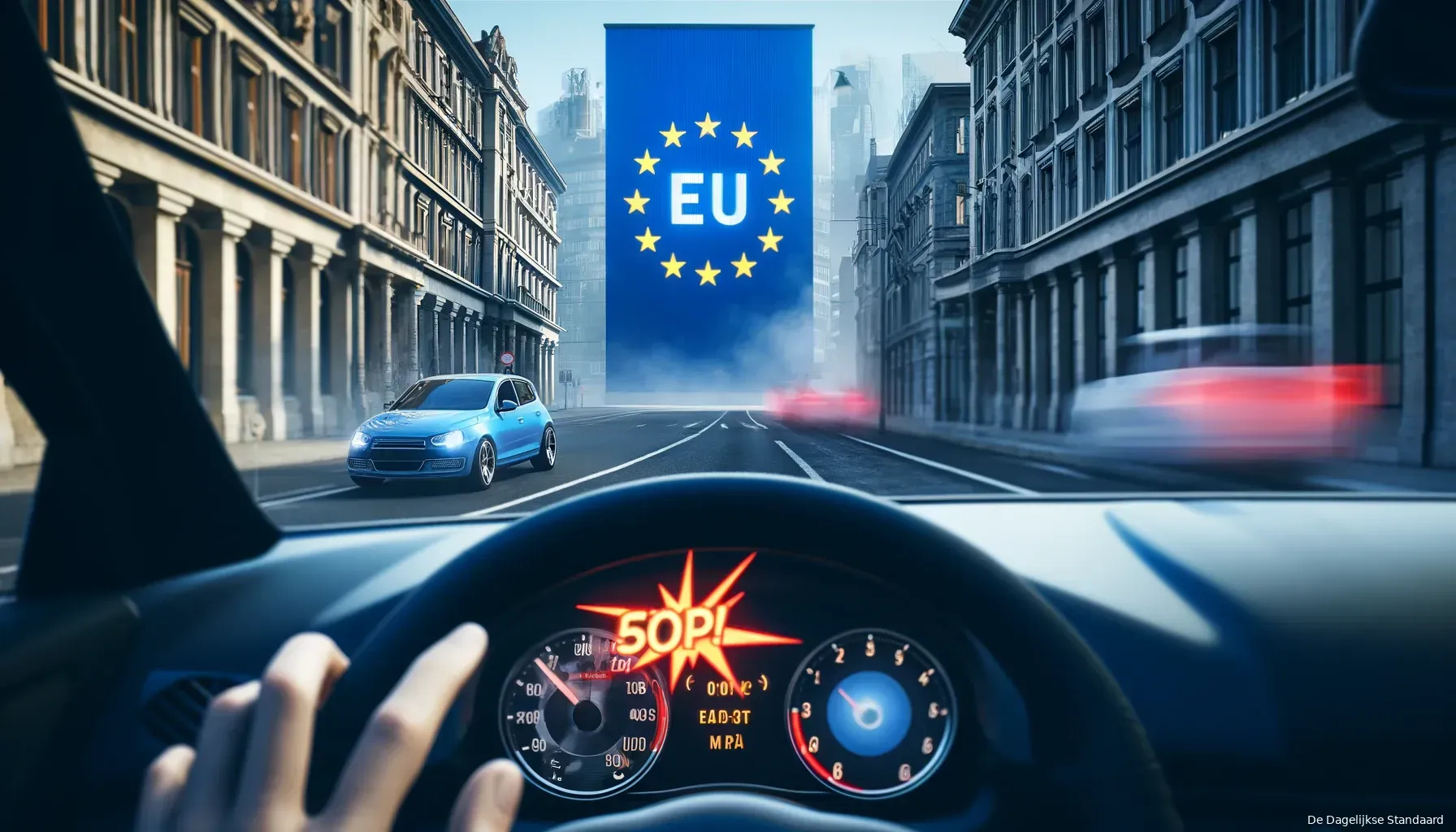 dalle 2024 05 30 165219 a european city street with modern cars driving a cars dashboard is visible showing warning lights and a speedometer just over the speed limit emit
