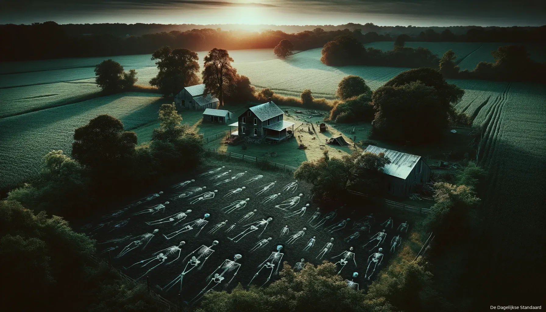 dalle 2024 06 03 145036 an eerie scene of a peaceful rural indiana farm with a dark ominous atmosphere the farm is expansive with a farmhouse in the background surrounded