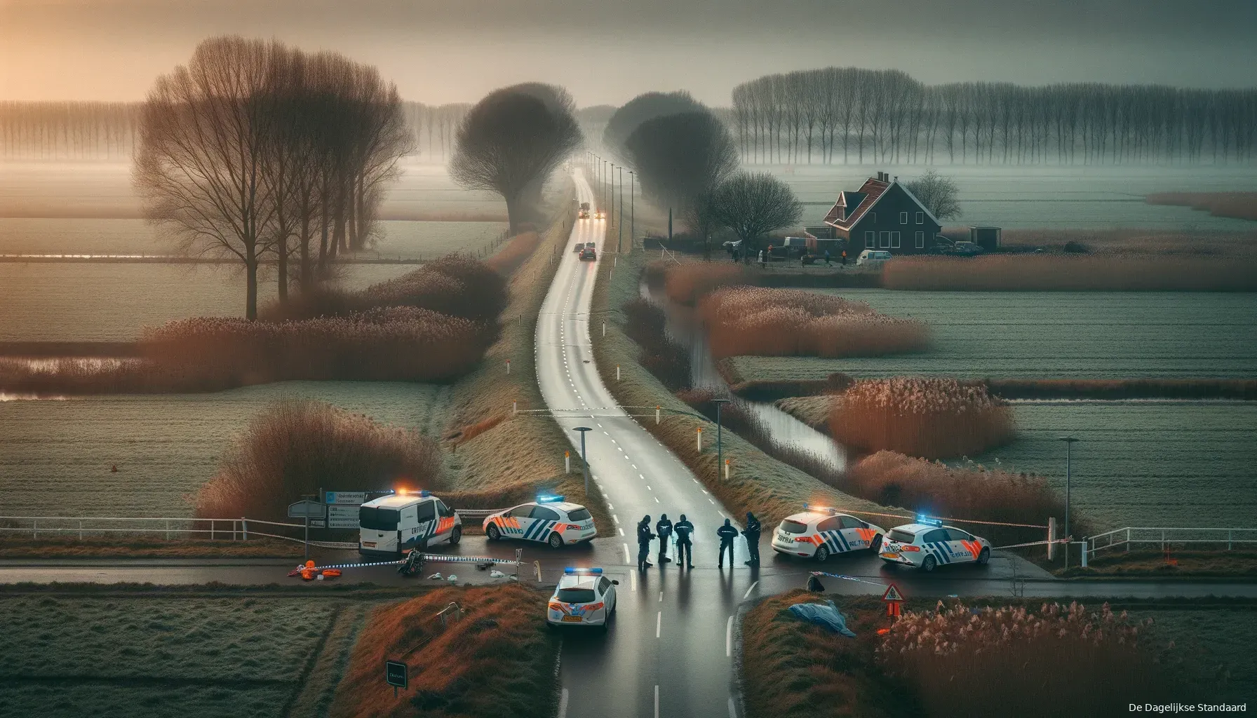 dalle 2024 06 04 132918 a somber scene with a police investigation in progress the image shows a rural area with the knardijk road near lelystad featuring police cars offi