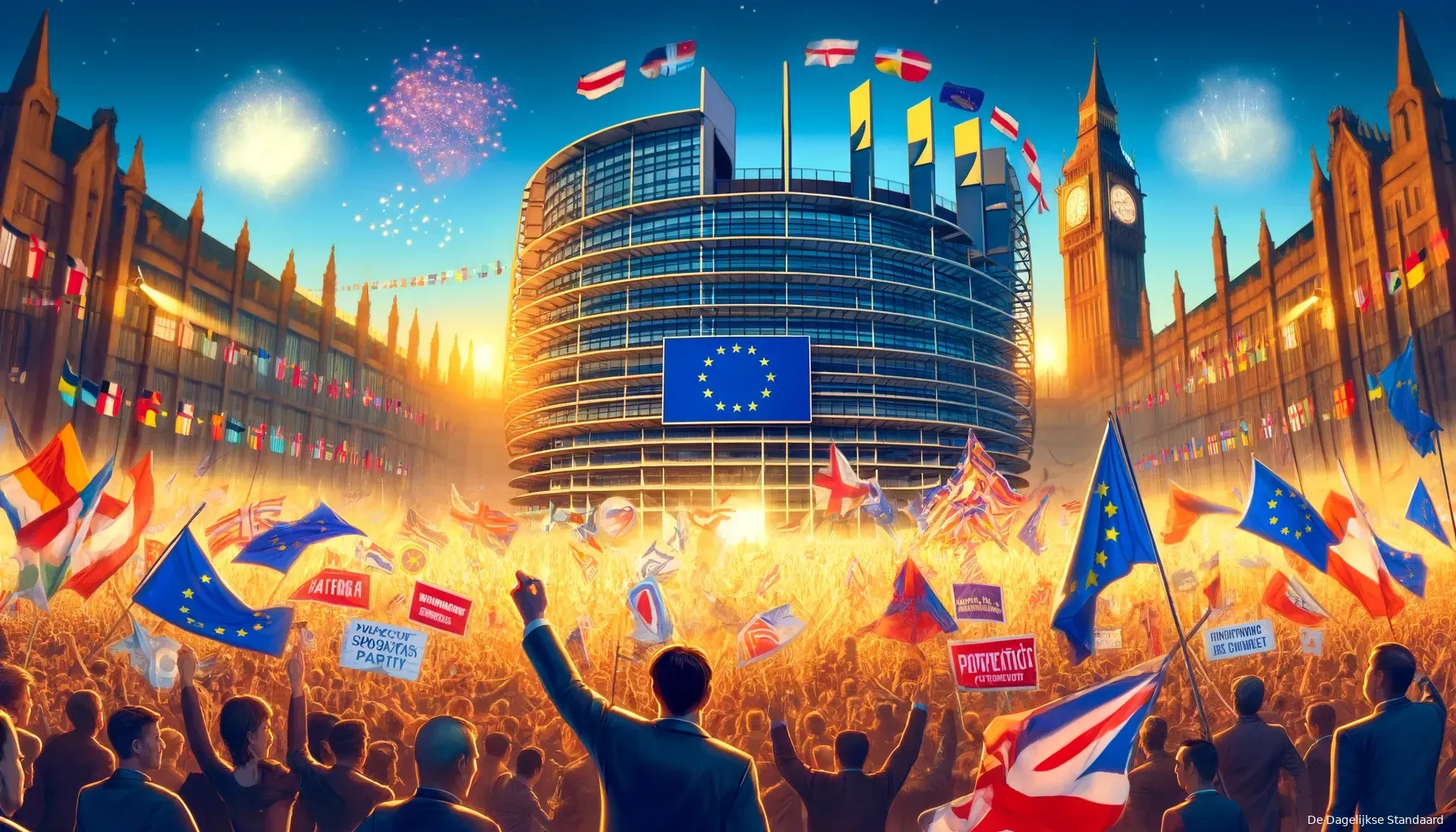 dalle 2024 06 10 111530 a dynamic and energetic scene depicting the aftermath of the european parliament elections showing a large crowd celebrating with flags of various eu