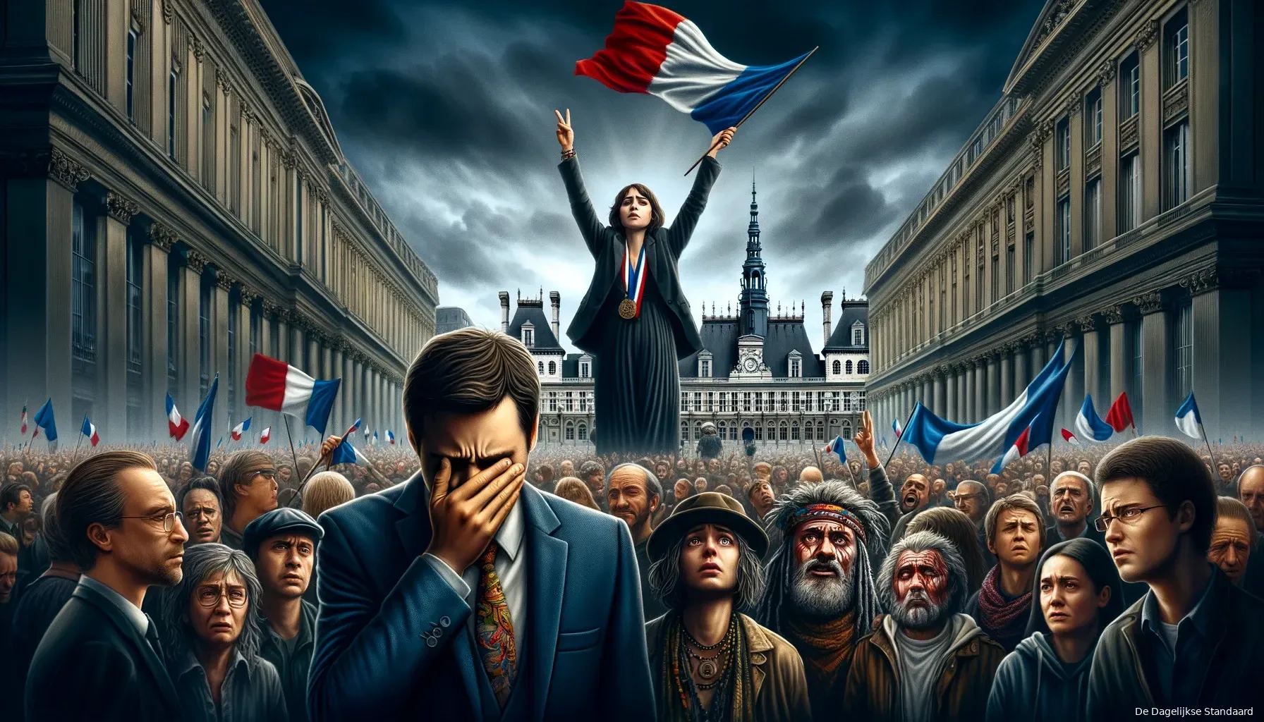 dalle 2024 06 10 163514 a dramatic political scene featuring a defeated politician with his hand covering part of his face standing in front of a government building behind