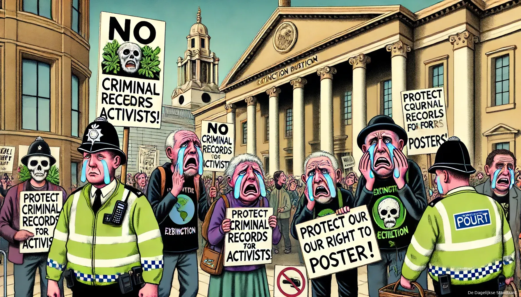 dalle 2024 06 13 122711 a satirical and humorous illustration showing extinction rebellion activists crying and protesting outside a court building the scene captures the ac