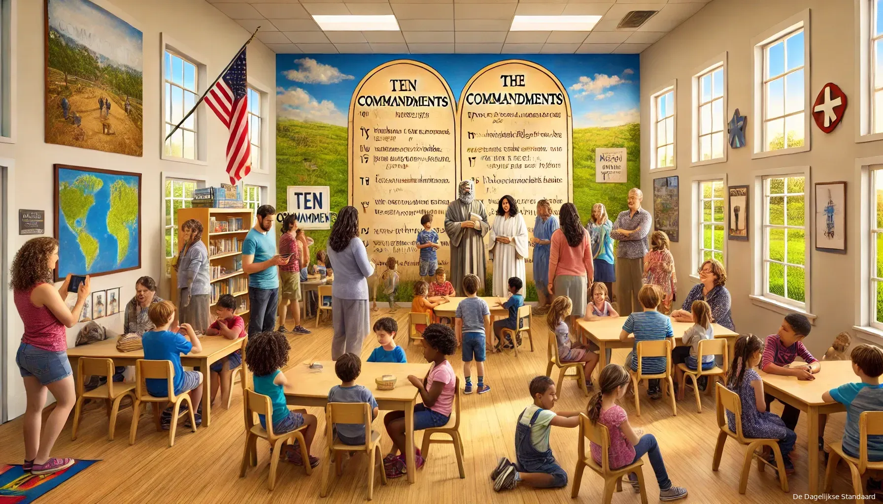dalle 2024 06 20 111138 a picturesque and respectful scene in a school in louisiana usa with the ten commandments prominently displayed on a wall the setting is bright and