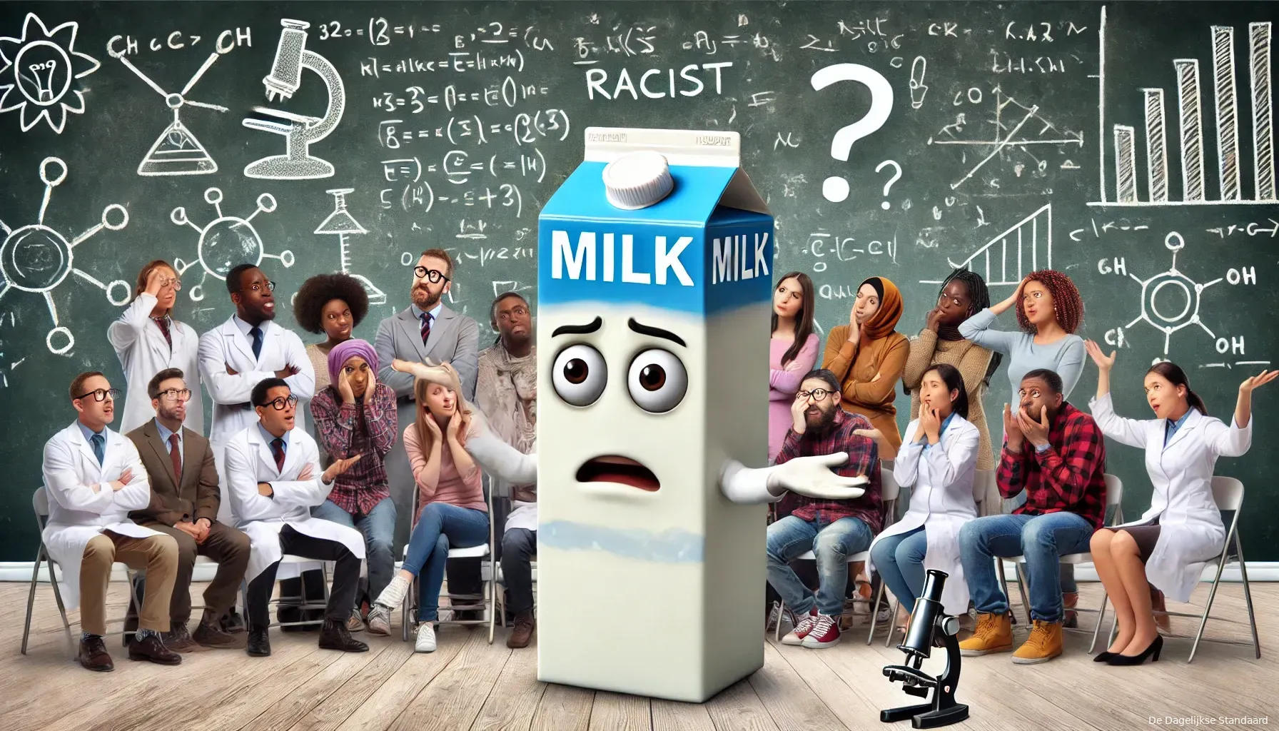 dalle 2024 06 24 171544 an image depicting the absurdity of the idea that milk is racist show a milk carton with a confused and shocked expression standing in front of a gr