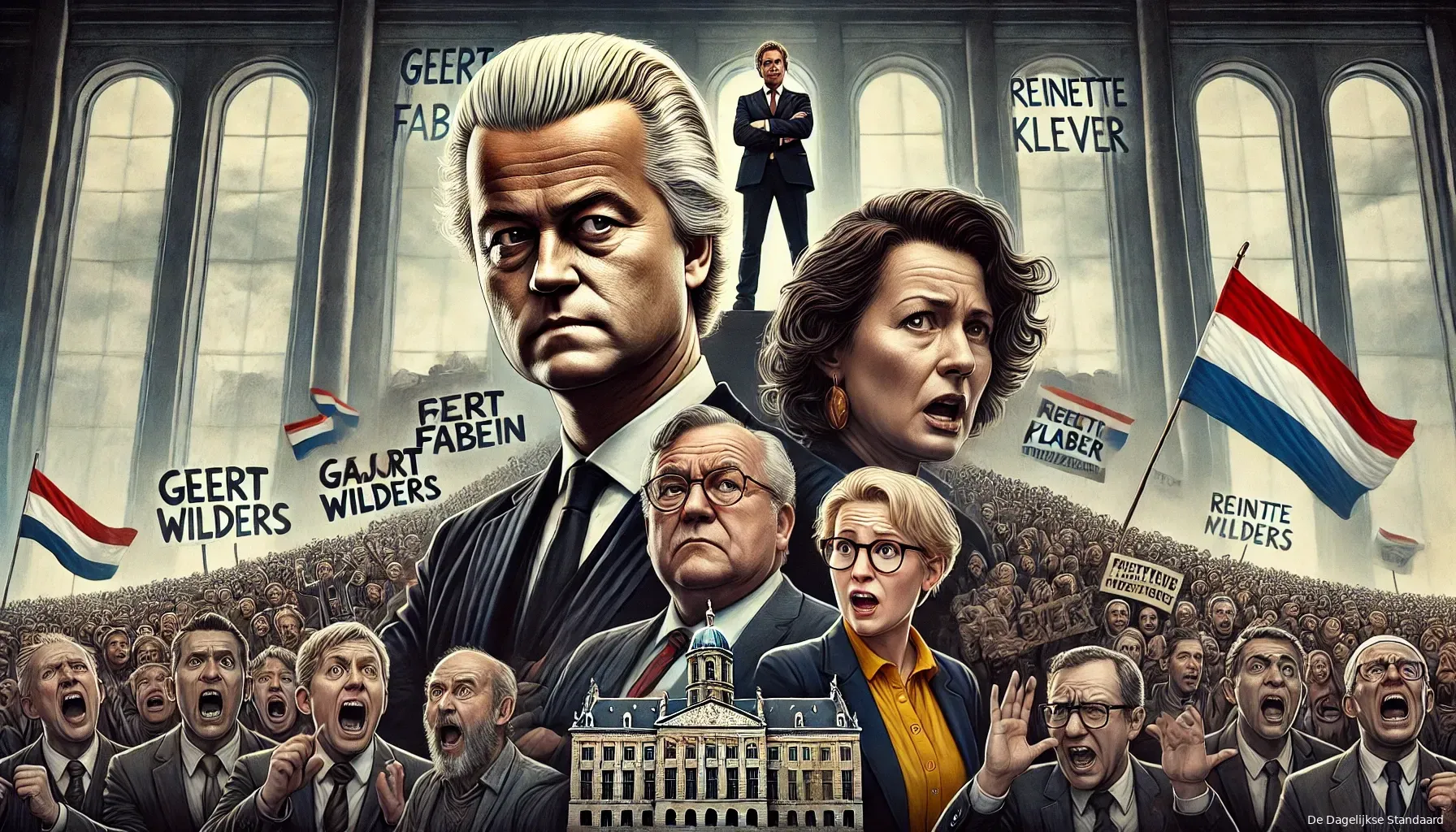 dalle 2024 06 25 093232 a dramatic political scene in the netherlands in the center are three politicians representing geert wilders marjolein faber and reinette klever l