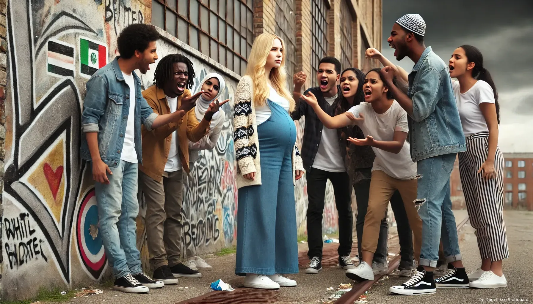 dalle 2024 06 25 163507 a scene depicting anti white racism a group of diverse teenagers including black middle eastern and other ethnicities are shouting angrily at a b