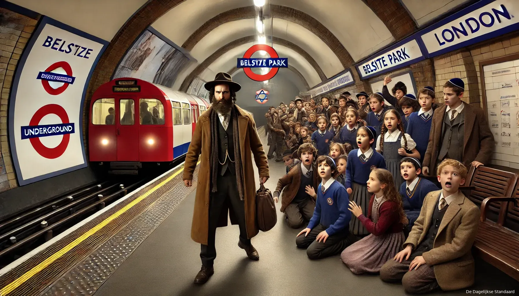 dalle 2024 06 25 165106 a dramatic scene at a london tube station showing a group of visibly jewish schoolchildren being confronted by a group of other schoolchildren with br