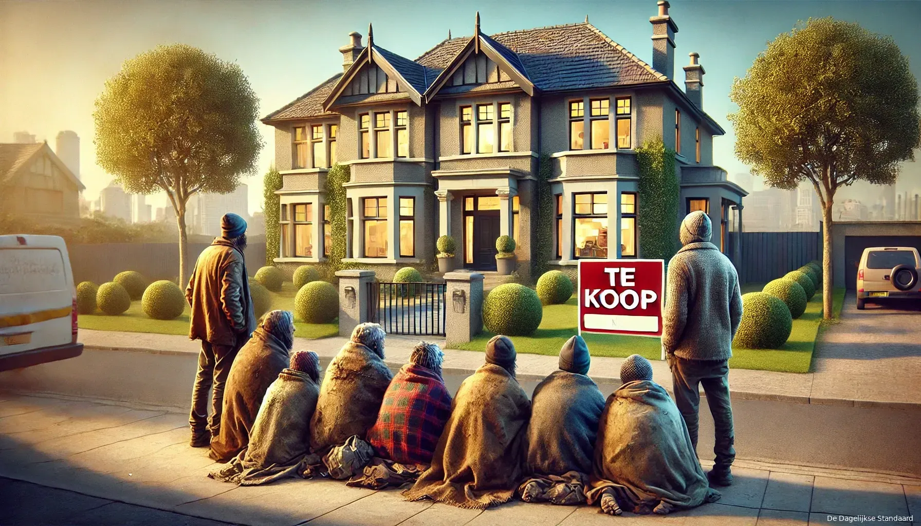 dalle 2024 07 22 100056 a group of poor homeless people looking longingly at a beautiful house that is for sale but obviously unaffordable for them the scene shows a contras