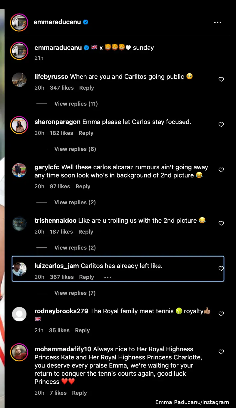 Emma Raducanu's first comments on her latest Instagram post.